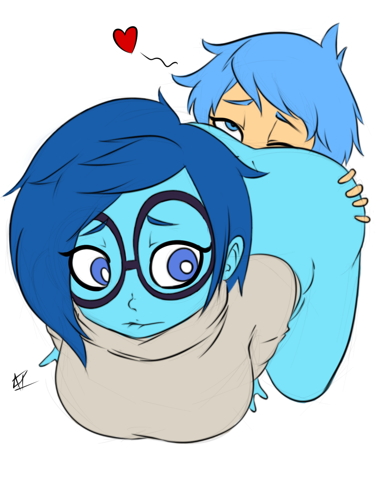 2girls, ass, ass on face, blank background, blue eyes, blue hair, blue skin, digital drawing (artwork), drawing, eating ass, eating pussy, facesitting, female, heart symbol, inside out, inuyuru, joy (inside out), pixar, pussy, sadness (inside out), satisfied look, shy expression, top view, white sclera, white sweater, yellow skin