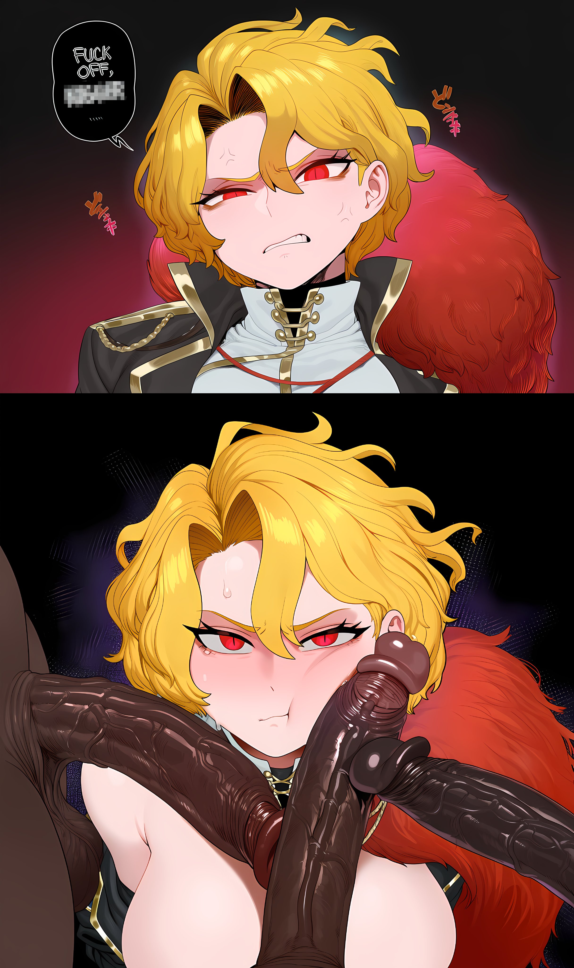 1girls, 3boys, ai generated, artist request, big penis, blonde hair, bloodfiend, blush, clothes down, dark skin, dark-skinned male, don quixote (limbus company), female, gangbang, imminent sex, instant loss 2koma, interracial, limbus company, male, penis, pout, project moon, racism, red eyes, sancho (limbus company), taught a lesson