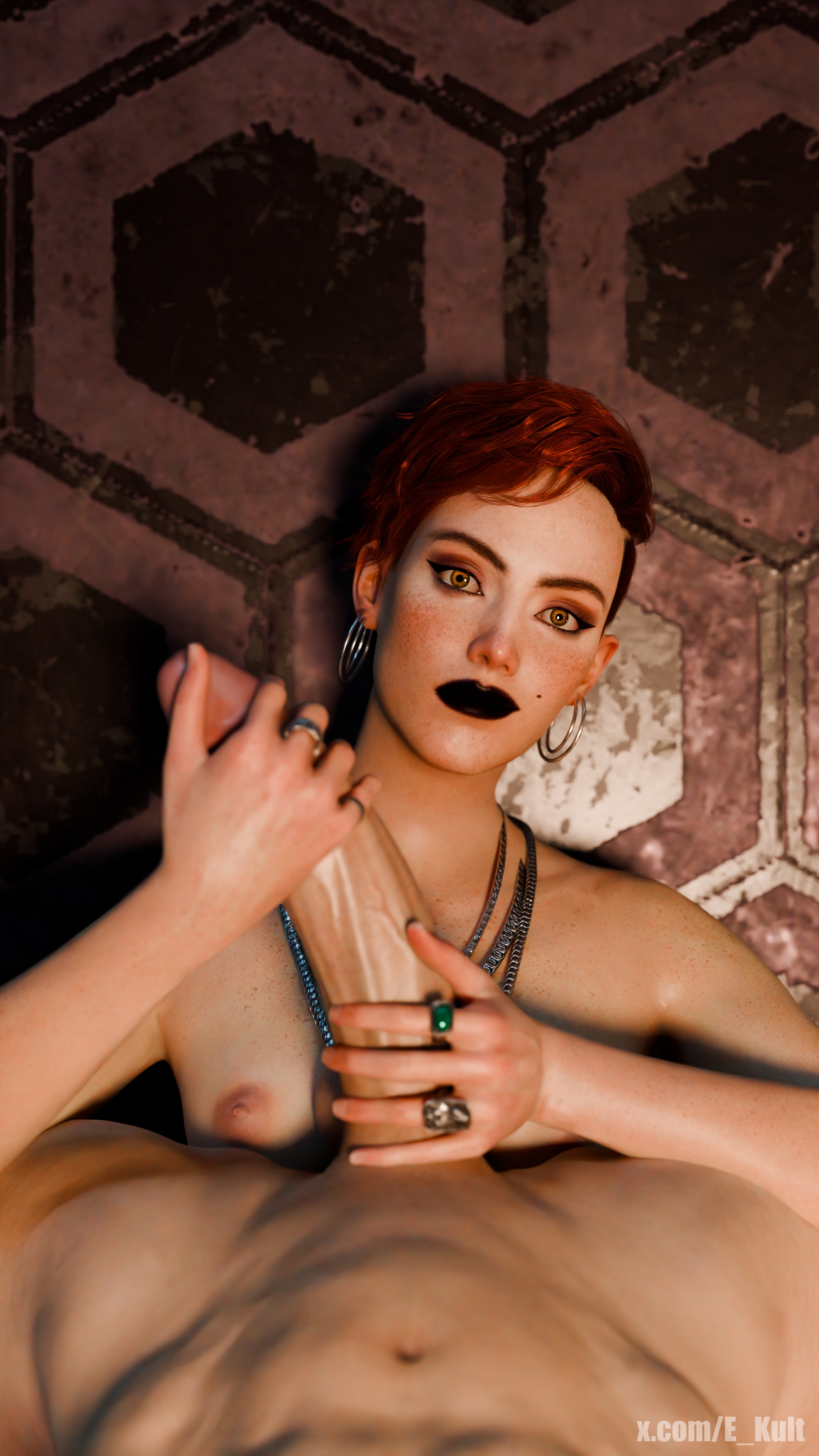 1boy, abs, artist name, artist request, aurore cassel, aurore cassel (cyberpunk 2077), black lips, black nails, body freckles, breasts, brown eyes, cyberpunk 2077, earrings, erection, female, flat chest, freckles, glansjob, handjob, hoop earrings, huge cock, jewelry, large penis, lipstick, looking at penis, looking at viewer, lying, makeup, male, mole, multiple rings, muscular, muscular male, navel, necklace, nipples, nude, on back, penis, penis awe, penis grab, pinky out, red hair, ring, short hair, small breasts, solo focus, straight, two-handed handjob, veiny penis, very short hair, yellow eyes