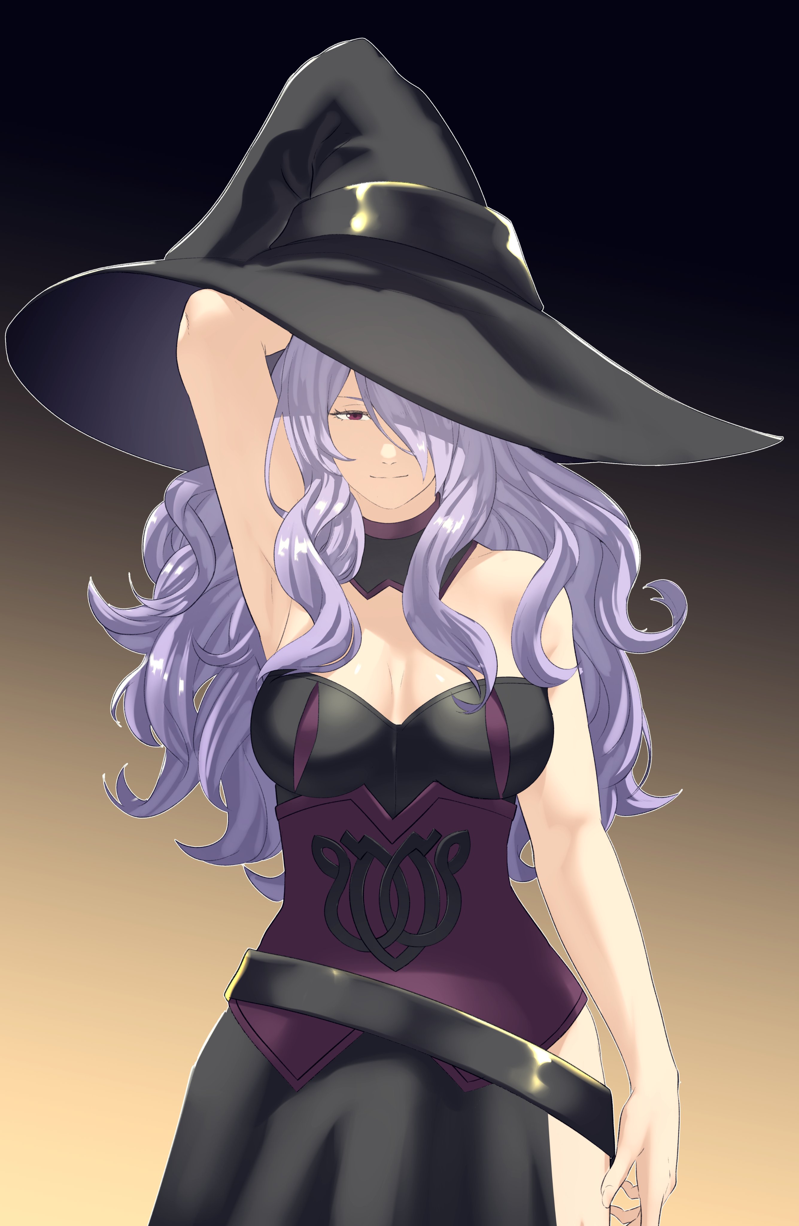 1girls, absurdres, alternate costume, arm behind head, arm up, armpits, bare arms, belt, black background, breasts, camilla (fire emblem), dress, female, female only, fire emblem, fire emblem fates, gradient background, hair over one eye, half-closed eyes, halloween, halloween costume, hat, highres, large breasts, long hair, looking at viewer, nintendo, pink eyes, pomelomelon, purple eyes, purple hair, side slit, sleeveless, sleeveless dress, smile, solo, thighs, very long hair, witch, witch hat, yellow background