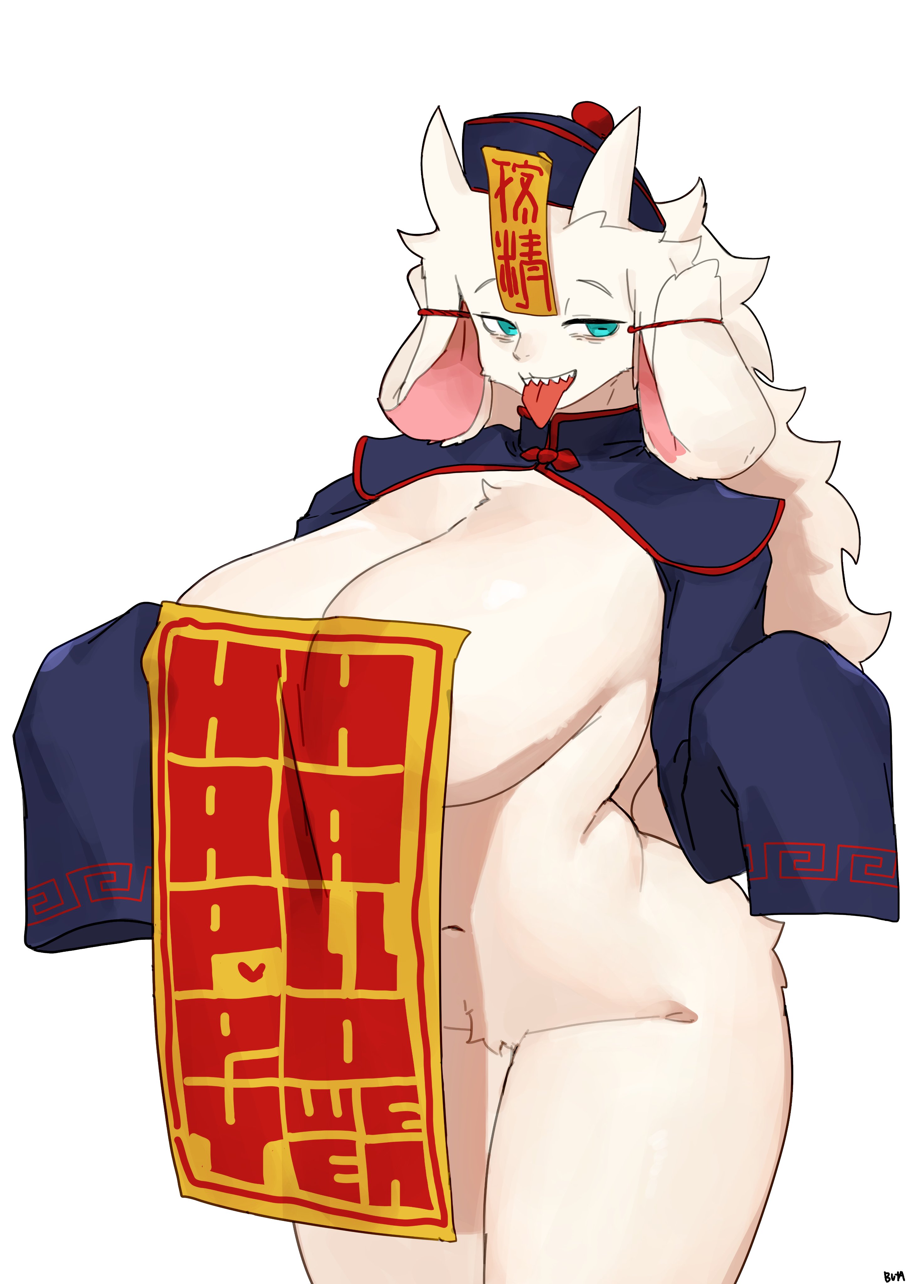 1girls, 2025, absurd res, anthro, big breasts, biped, blue eyes, bottomless, bottomless anthro, bottomless female, bovid, breasts, buta99, caprine, clothed, clothed anthro, clothed female, clothing, digital drawing (artwork), digital media (artwork), don't dead open inside, female, female only, front view, fur, furry, goat, hair, halloween, headgear, headwear, holidays, horn, huge breasts, jiangshi costume, looking at viewer, looking pleasured, mammal, mostly nude, navel, ofuda, ofuda on breast, ofuda on head, open mouth, partially clothed, partially clothed anthro, partially clothed female, qing guanmao, simple background, slightly chubby, slightly chubby anthro, slightly chubby female, smiling, smiling at viewer, solo, standing, tail, teeth, thick thighs, tongue, tongue out, topwear, vanilla (buta99), white background, white fur, white tail, wide hips