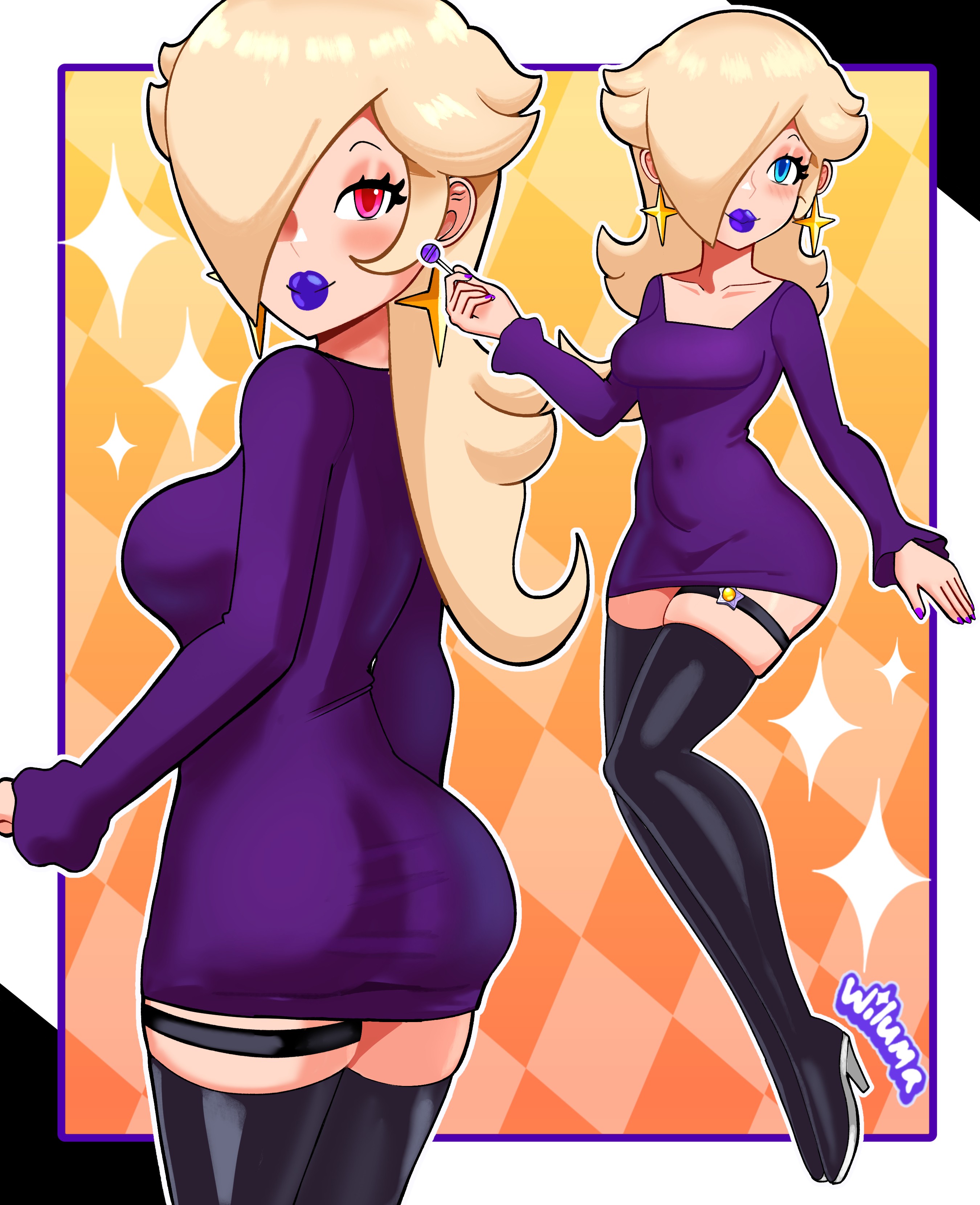 1girls, alternate version available, ass, big breasts, big lips, bimbo, bimbo lips, blonde hair, blue eyes, blush, breasts, close-up, clothing, dress, ear piercing, earrings, female, female only, footwear, full body, hair, hair over one eye, half-closed eyes, heels, high heels, hips, holding object, indigo lips, indigo lipstick, indigo nail polish, indigo nails, legs, lips, lipstick, lollipop, long hair, looking back, mario (series), nail polish, nails, nintendo, parted lips, plump lips, princess rosalina, purple dress, purple lips, purple lipstick, purple nail polish, purple nails, red eyes, short dress, sideboob, smile, solo, solo female, sparkles, star earrings, thick lips, thigh strap, thighs, tied hair, violet lips, violet lipstick, violet nail polish, violet nails, wiluma