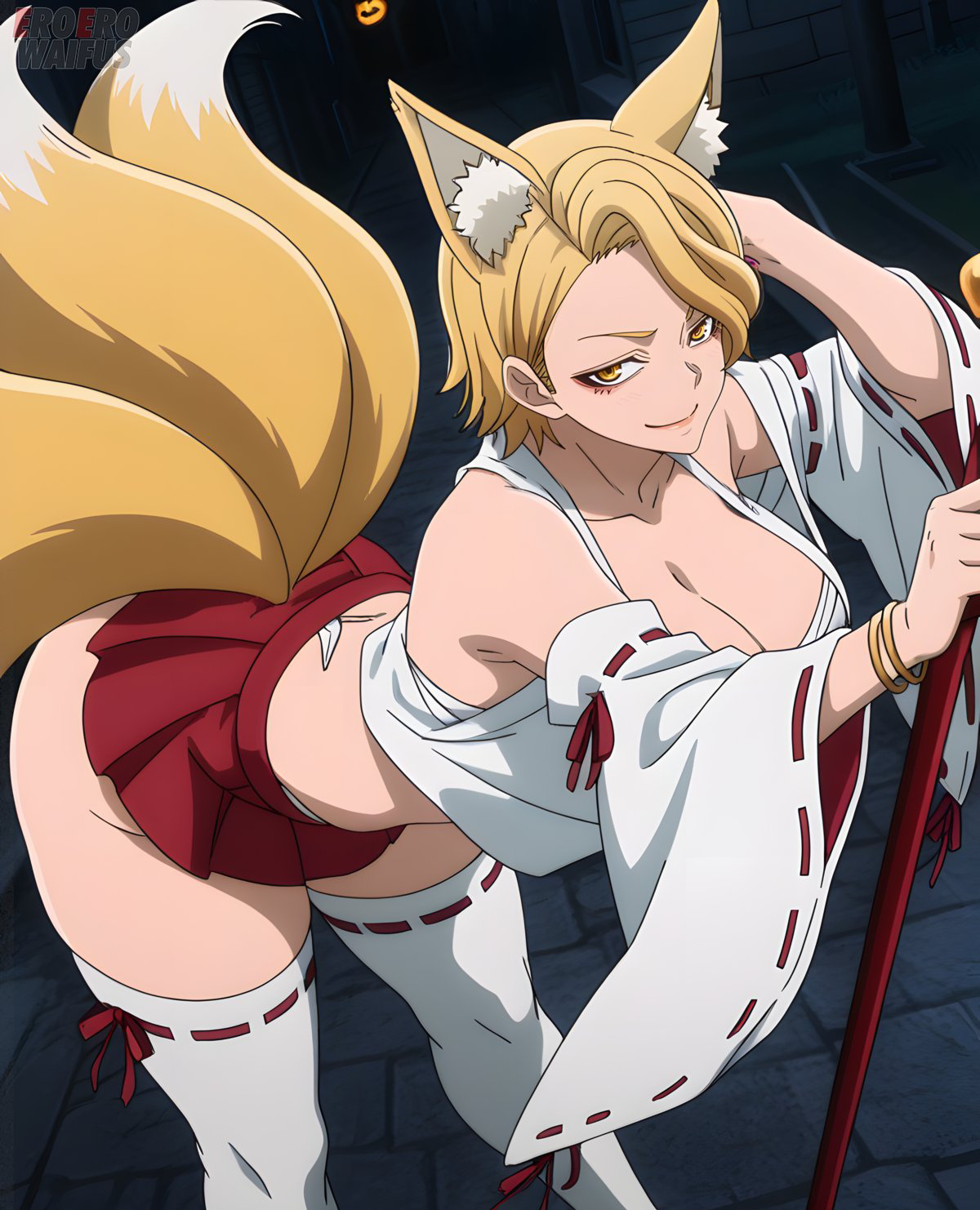 ai generated, bare thighs, big ass, big butt, blonde hair, breasts, eroero waifus, fat ass, female, fox ears, fox tail, gigantic ass, gigantic breasts, halloween, huge breasts, huge thighs, light skin, light-skinned female, looking at viewer, massive ass, massive breasts, orange eyes, sazanami kuina, short hair, smiling, solo female, squatting, sweat, sweatdrop, thick body, thick female, thick thighs, thighs, tougen anki, voluptuous, voluptuous female