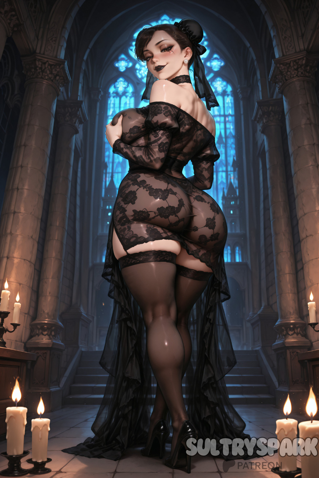 ai generated, ass, black dress, black hair, black thighhighs, breasts, candle, capcom, choker, chun-li, church, curvy, double bun, dress, earrings, female, from behind, full body, futarush, goth chun-li, gothic, hair bun, high heels, indoors, jewelry, large breasts, looking at viewer, looking back, makeup, patreon, patreon username, ribbon, see-through, smile, solo, stained glass, street fighter, sultryspark, thick thighs, thighhighs, thighs, underwear