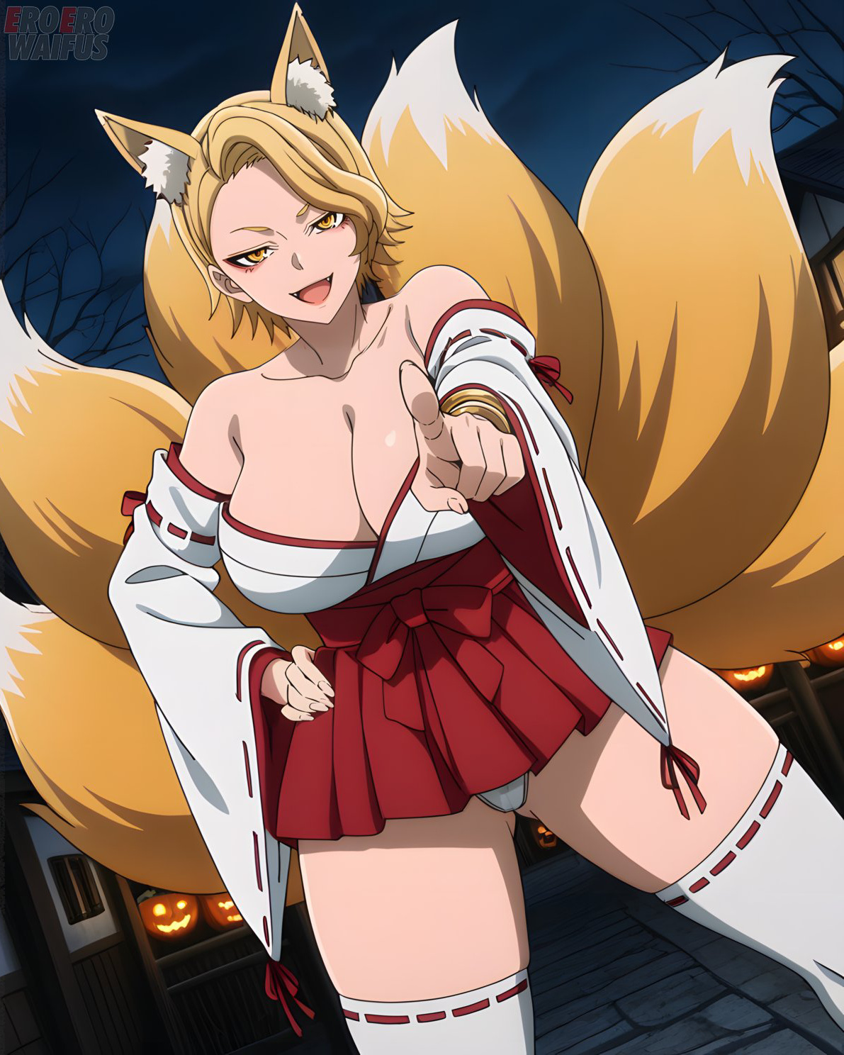 ai generated, bare thighs, blonde hair, breasts, eroero waifus, female, fox ears, fox tail, gigantic breasts, halloween, huge breasts, huge thighs, light skin, light-skinned female, looking at viewer, massive breasts, microskirt, orange eyes, panties, sazanami kuina, short hair, smiling, solo female, squatting, sweat, sweatdrop, thick body, thick female, thick thighs, thighs, tougen anki, voluptuous, voluptuous female