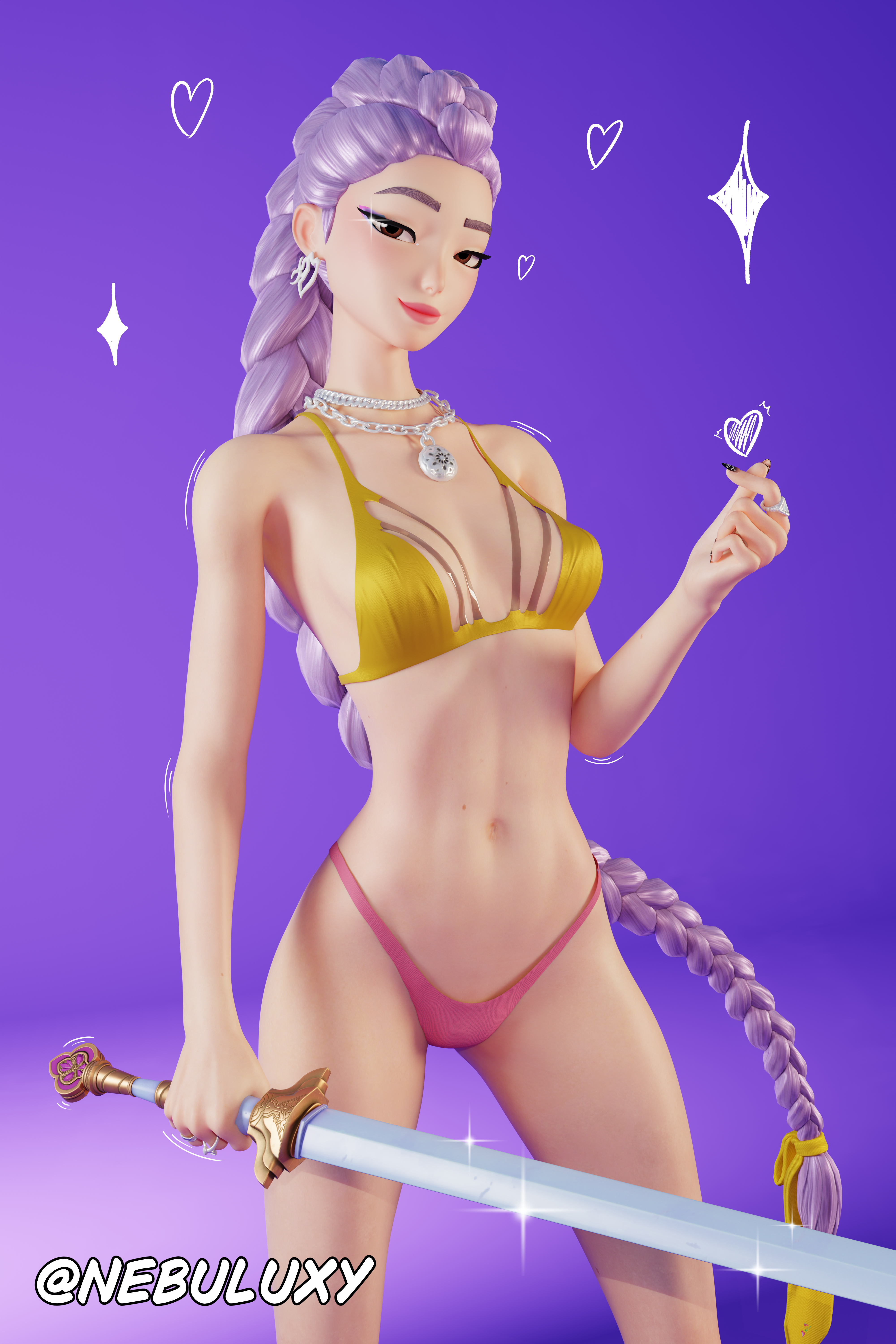 3d, absurd res, bikini, braid, braided ponytail, brown eyes, female, fortnite, fortnite: battle royale, glint, gradient background, holding sword, holding weapon, kpop demon hunters, motion lines, multicolored clothing, nebuluxy, necklace, pendant, pendant necklace, purple hair, red lips, rumi (kpop demon hunters), small breasts, snapping fingers, sword, tagme, twitter username, very long hair