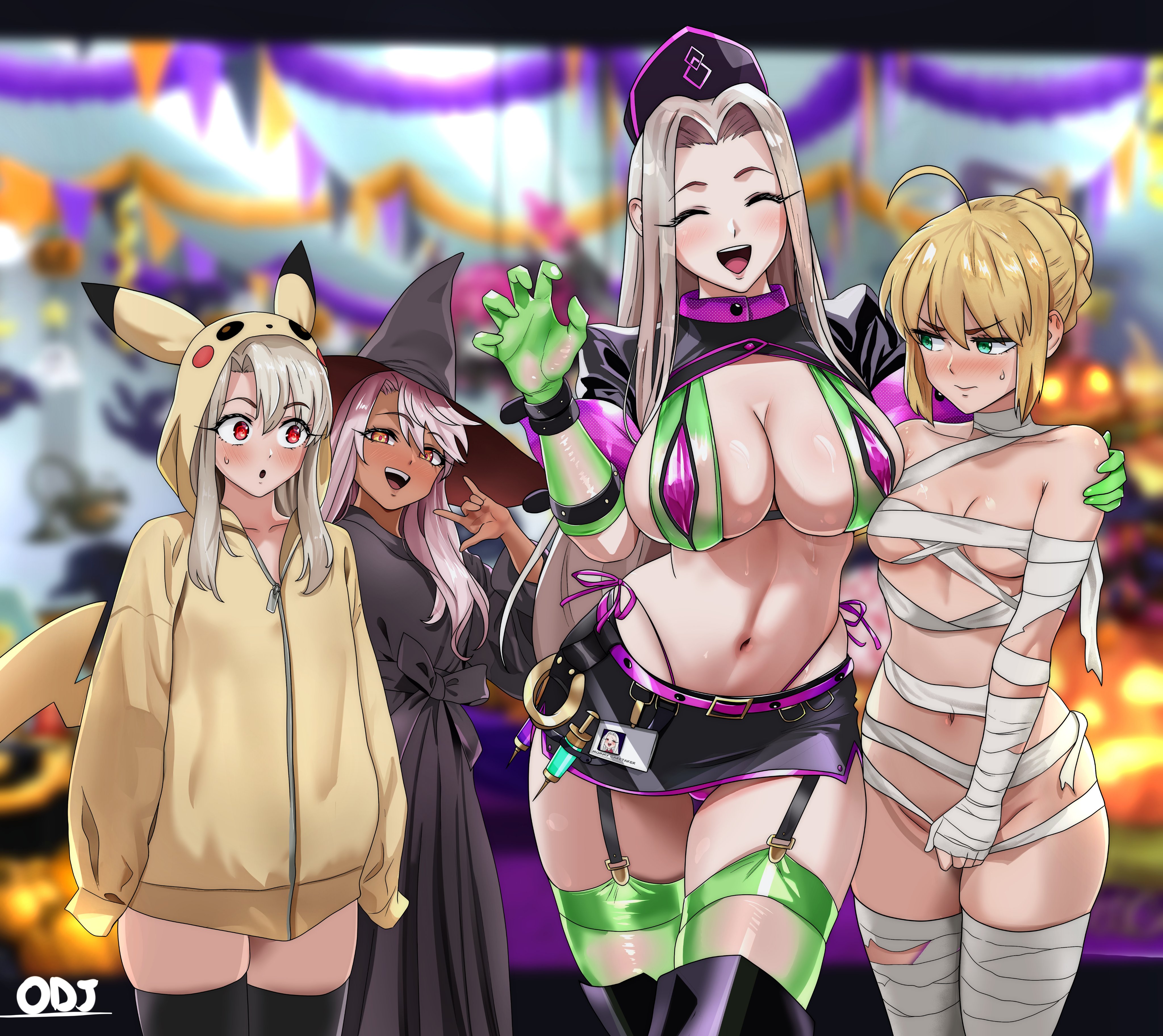 4girls, alternate version available, artoria pendragon, big breasts, blonde hair, blush, breasts, chloe von einzbern, cleavage, cosplay, embarrassed, fate (series), fate/grand order, fate/stay night, fate/zero, female, female only, florence nightingale (fate) (cosplay), florence nightingale (trick or treatment) (fate) (cosplay), green eyes, halloween, highres, hoodie, illyasviel von einzbern, irisviel von einzbern, large breasts, milf, multiple females, multiple girls, mummy costume, nintendo, nurse, oldmanjenkins84, pikachu (cosplay), pokemon, silver hair, small breasts, smile, sweat, thighs, tummy, type-moon, veiny breasts, wide hips