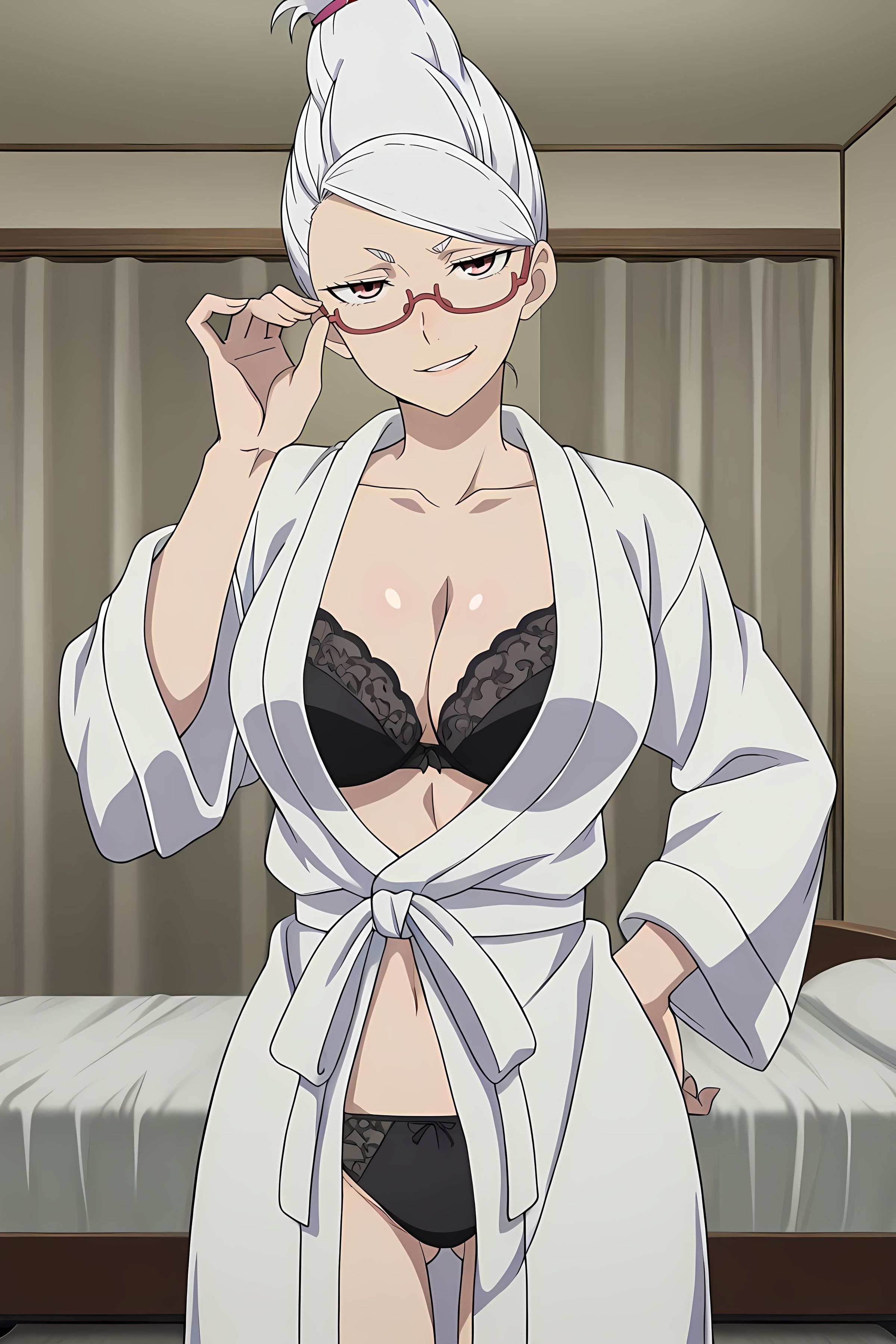 ai generated, ayase seiko, bathrobe, bed, bedroom, black bra, black panties, boobs, bra, breasts, cleavage, dandadan, female, female focus, female only, front view, glasses, hand on hip, looking at viewer, panties, pinku.ai, smirk