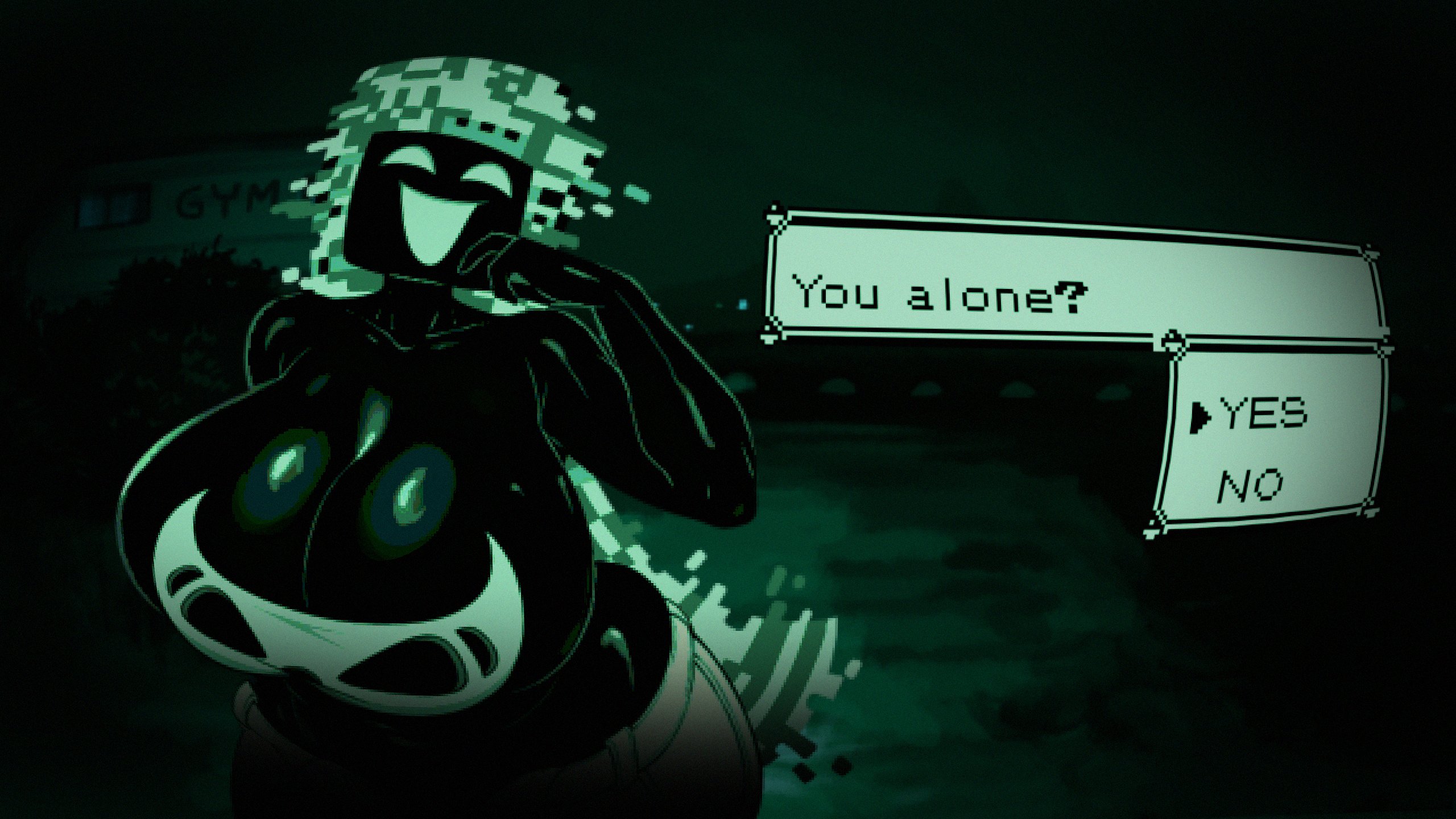 1girls, androjuniarto, black body, clothing, creepypasta, dialogue box, female, missingno., ms. nomber (androjuniarto), neckline, no, i'm not a human, no, i'm not a human (meme), pokemon, smile, smiling, solo