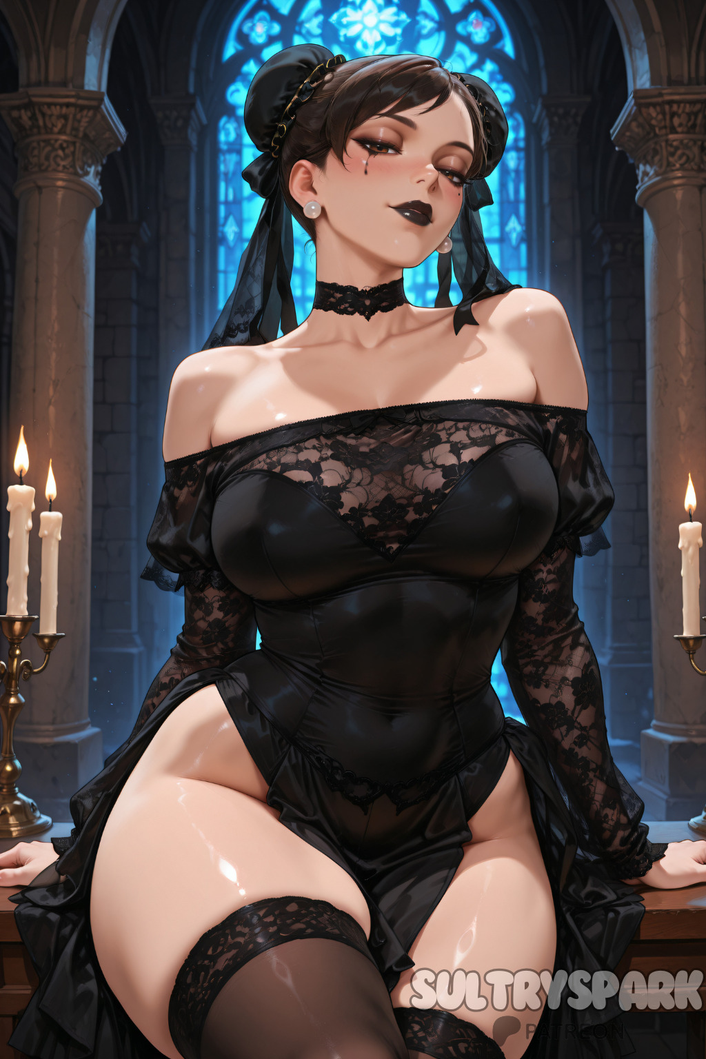 ai generated, bare shoulders, black dress, black hair, black thighhighs, blush, breasts, candle, capcom, choker, chun-li, church, double bun, dress, earrings, eyeshadow, female, futarush, goth chun-li, gothic, hair bun, jewelry, large breasts, looking at viewer, makeup, no panties, off shoulder, off-shoulder dress, patreon, patreon username, see-through, sitting, solo, street fighter, sultryspark, thick thighs, thighhighs, thighs, wide hips