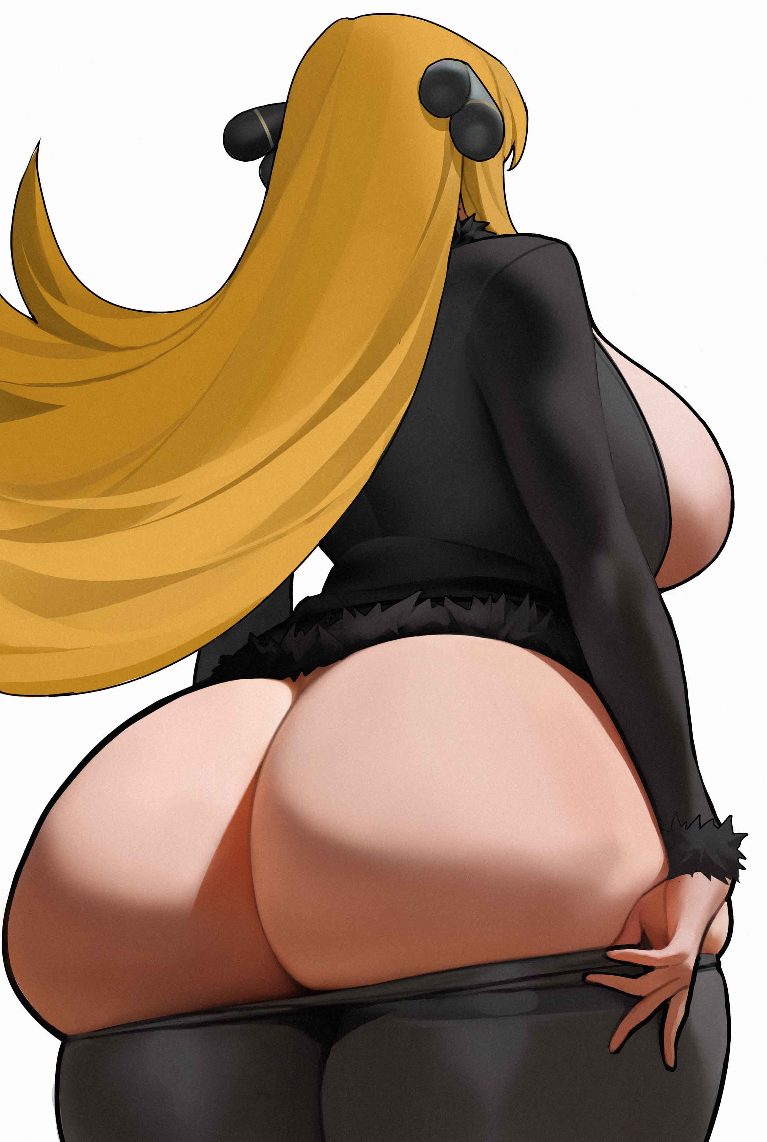 1girls, ass, ass focus, big ass, big breasts, blonde hair, breasts, breasts out, bubble butt, busty, clothing, cynthia (pokemon), fat ass, female, female only, gluteal fold, huge ass, huge breasts, jacket, large ass, large breasts, long hair, massive ass, no bra, no panties, open clothes, open jacket, pants, pants down, pokemon, rear view, simple background, solo, spiralnoww, thick ass, thick thighs, white background, wide hips