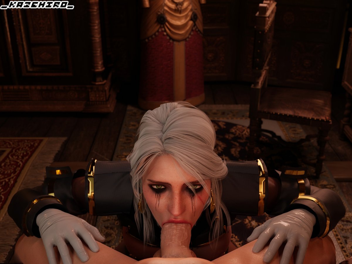3d, blowjob, breasts, cd projekt red, ciri, fellatio, female, freckles, gloves, green eyes, kazehiro, light-skinned female, light-skinned male, looking at viewer, male, mascara, mascara tears, nipple piercing, nipples, oral, oral sex, penis, piercings, scar, sucking penis, the witcher (series), the witcher 3: wild hunt, uniform, white hair