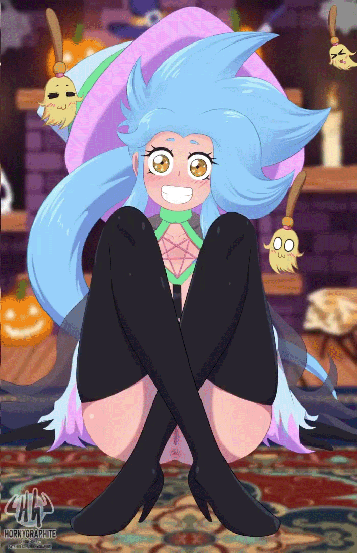 1girls, amber eyes, animated, anus, areolae, blue hair, blush, breasts, female, female only, halloween, high heel boots, hornygraphite, knees apart feet together, legs apart, long hair, looking at viewer, mokyo (hornygraphite), nipples, open legs, original, pussy, showing off, showing pussy, sitting, small breasts, smiling, smiling at viewer, solo, witch hat