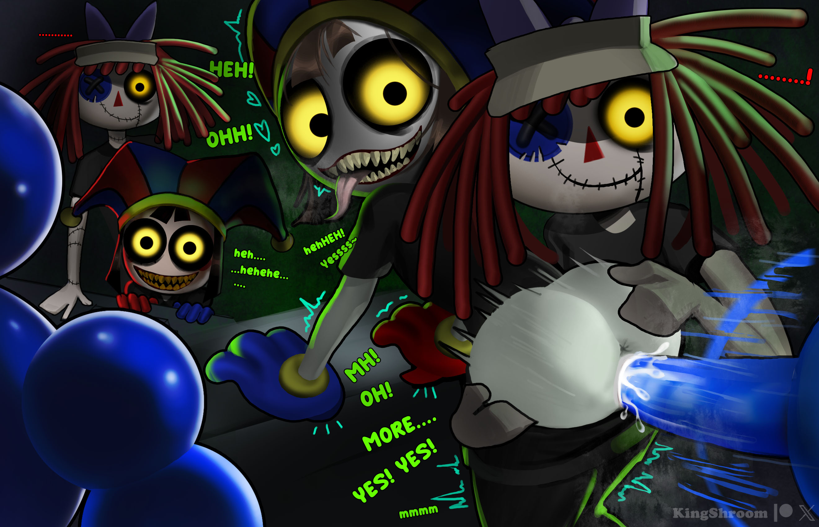 1boy, 2girls, assisted sex, big ass, corrupted, dialogue, digital drawing, evil, evil grin, evil smile, female, giggling, glowing eyes, halloween, horror, kingshroom, male, massive ass, nightmare waifu, orbsman (the amazing digital circus), pomni (the amazing digital circus), possessed, possessed pomni, possessed ragatha, possession, ragatha (the amazing digital circus), restaurant setting, rough sex, sex from behind, sharp teeth, stiches, straight, the amazing digital circus
