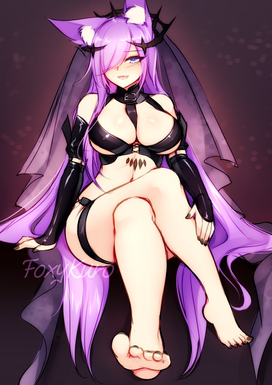 baobhan sith (fate), breasts, fate/grand order, feet, female, foot fetish, foot focus, fox ears, fox girl, foxykuro, hair over one eye, kuro (foxykuro), large breasts, red eyes, strap between breasts, tail, white hair