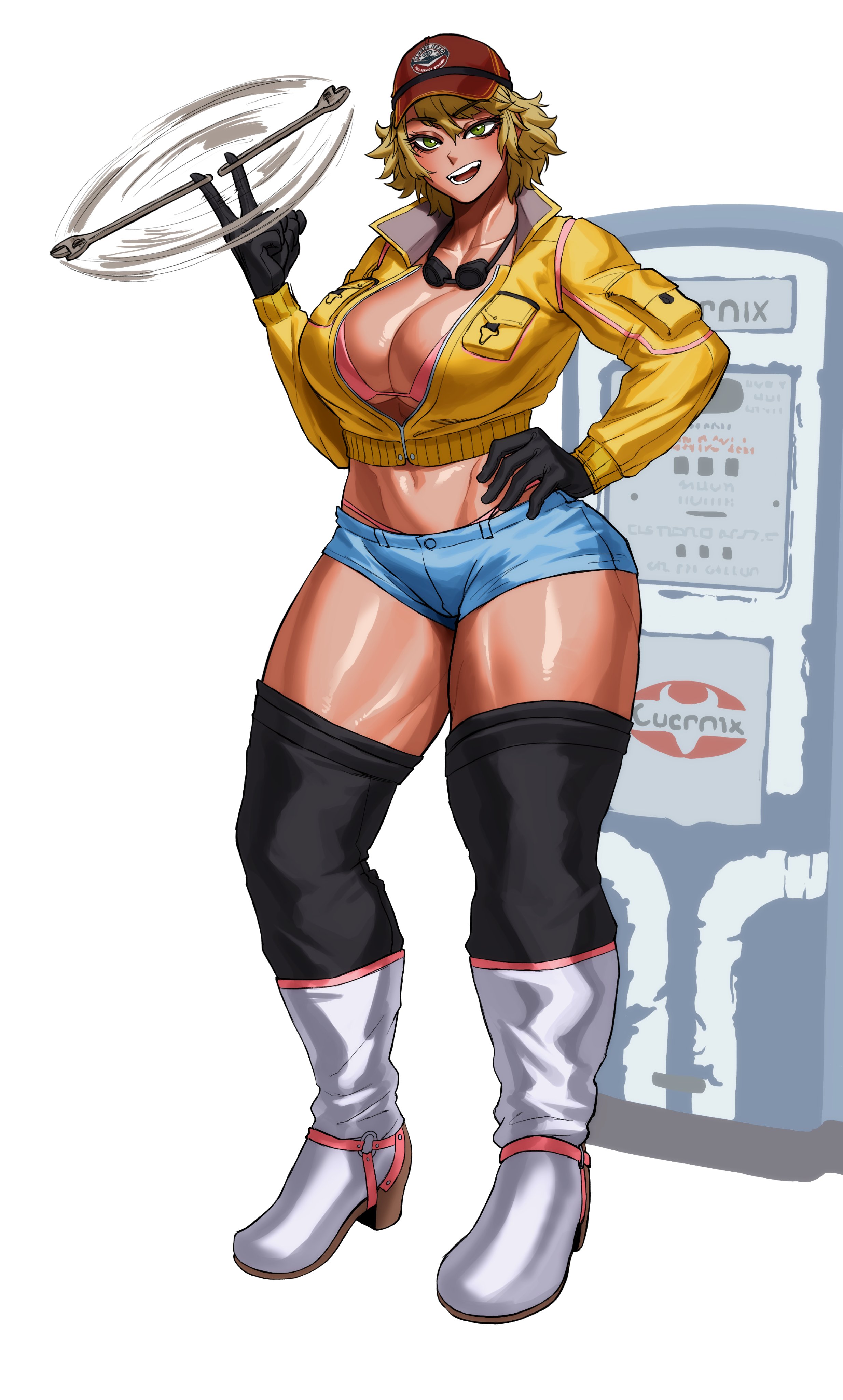 1girls, absurd res, big breasts, black gloves, black legwear, blonde hair, boots, breasts, cap, cindy aurum, cleavage, commission, female, female only, final fantasy, final fantasy xv, full body, gloves, green eyes, hand on hip, heel boots, jacket, jean shorts, legwear, looking at viewer, muscular, muscular female, open jacket, open mouth, short shorts, shorts, smiling, smiling at viewer, solo, sotcho, thick thighs, white background, wrench