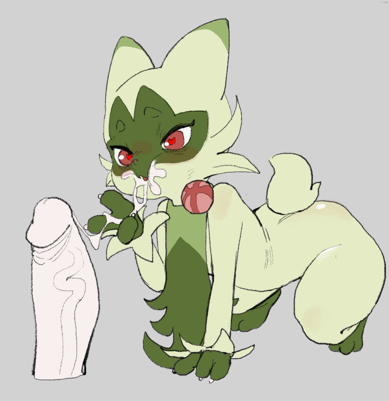 blush, cum, cum on face, cum on hand, fellatio, floragato, furry, generation 9 pokemon, green fur, heart-shaped pupils, hi res, pokemon, pokephilia, skeleton265, symbol-shaped pupils