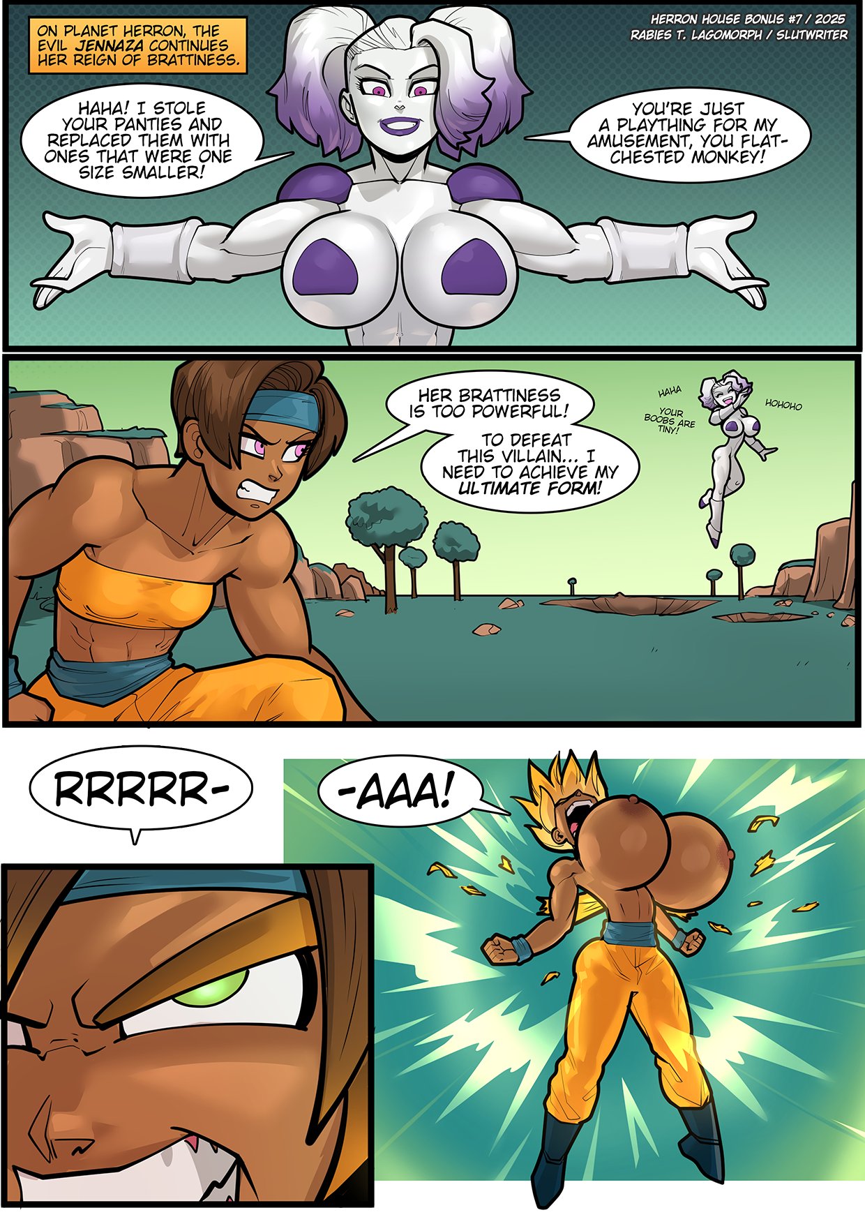 2girls, alien girl, bandeau, bare arms, bare breasts, bare legs, bare shoulders, bare thighs, barefoot, big breasts, breast expansion, breasts, dialogue, dragon ball, dragon ball z, english text, female, female only, frieza (cosplay), herron house (series), huge breasts, jenna herron, large breasts, light skin, light-skinned female, multiple females, multiple girls, my mom and sister are size queen sluts, nipples, purple eyes, rabies-t-lagomorph, slutwr1ter, small breasts, son goku (cosplay), speech bubble, super saiyan, text, text bubble, verity herron, wristwear