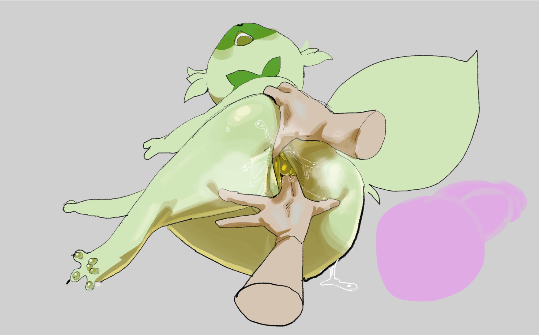 after anal, after masturbation, anal, anal suggest, ass spread, blush, dildo, female, finger in another's ass, finger in ass, furry, generation 9 pokemon, green fur, hi res, pokemon, purple eyes, sex toy, skeleton265, spreading another's ass, sprigatito