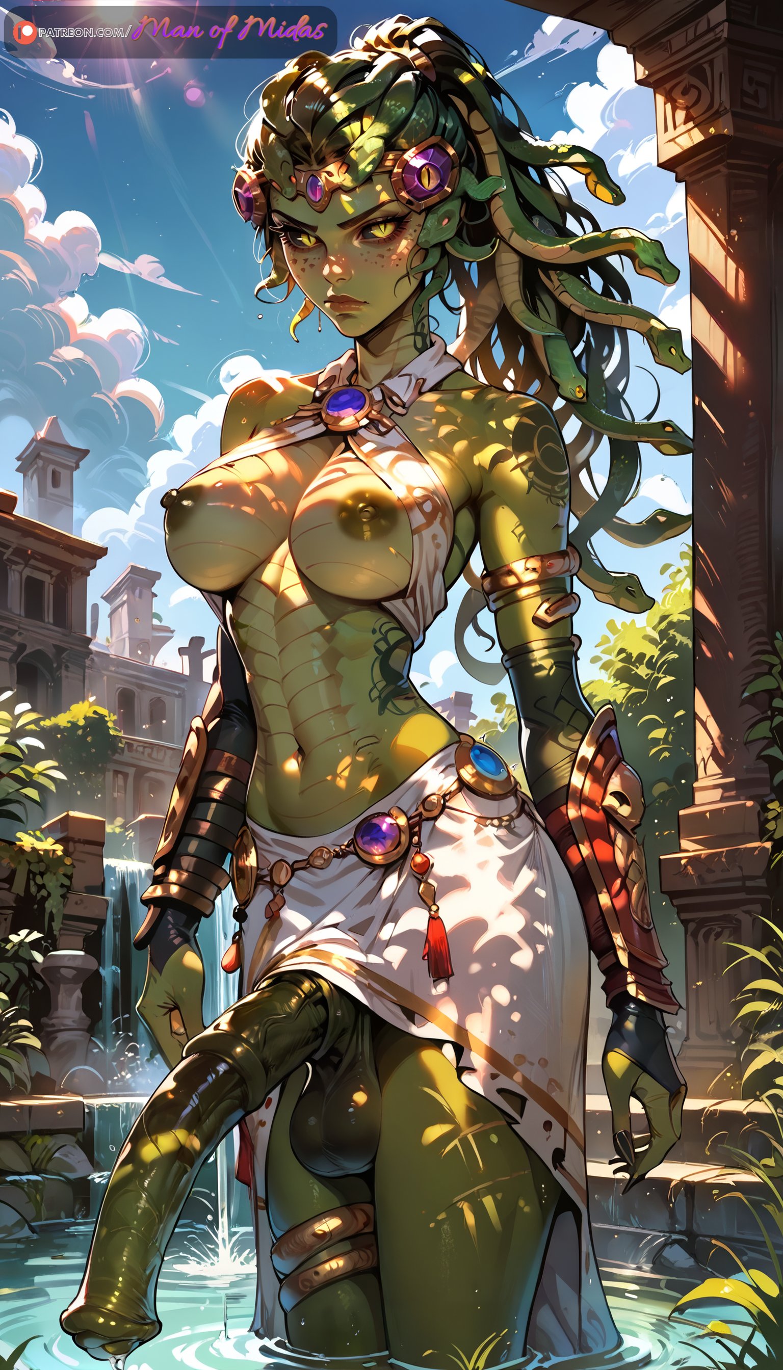 abs, ai generated, animal genitalia on humanoid, armpits, black sclera, breasts, dark nipples, flaccid penis, futa only, futanari, green hair, green nipples, horse penis, horsecock, horsecock futa, horsecock on humanoid, intersex, manofmidas, medusa, overwatch, overwatch 2, penis, scales, snake, snake hair, widowmaker, yellow eyes
