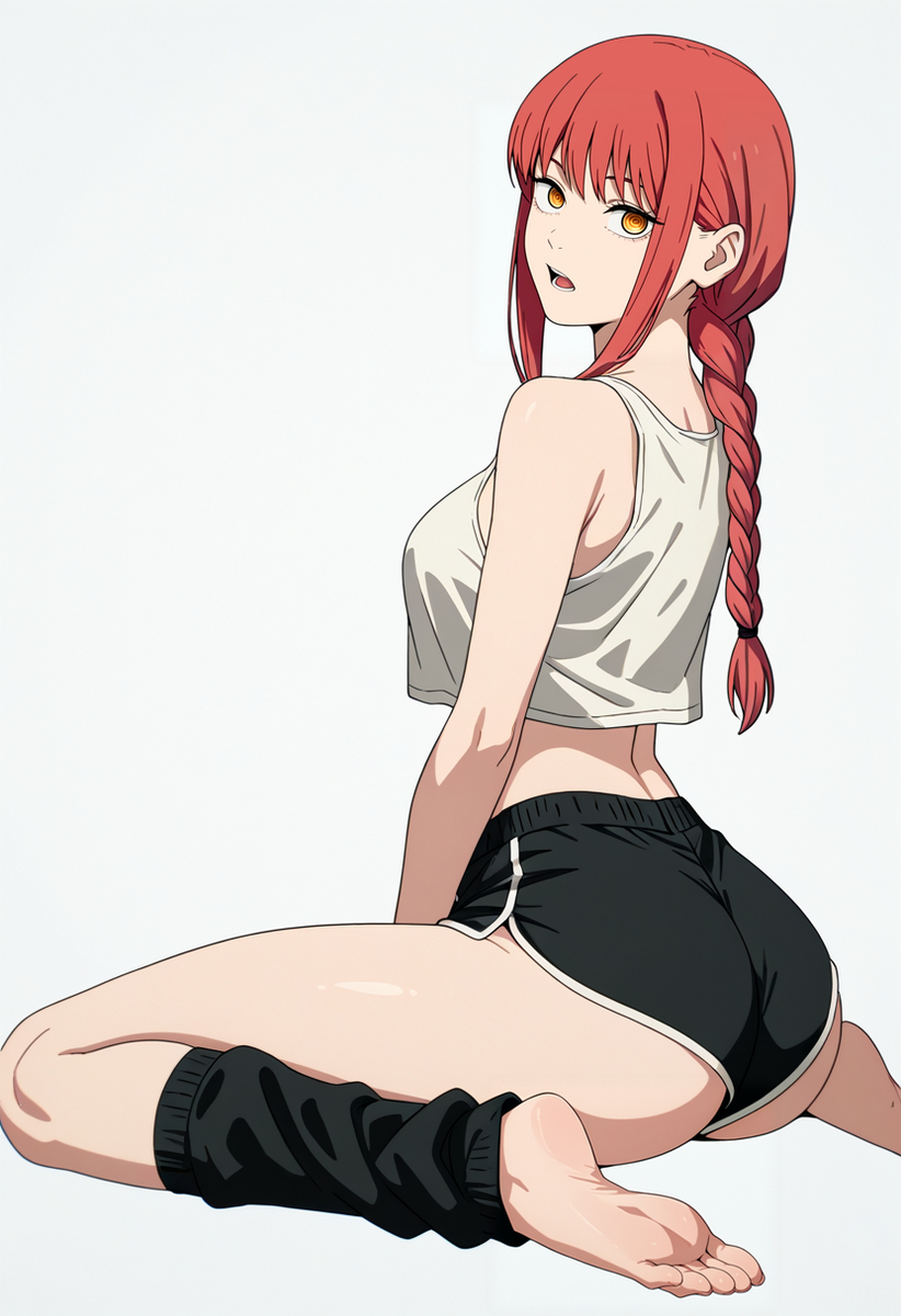 1girls, ai generated, booty shorts, chainsaw man, kreivan, leg warmers, makima (chainsaw man), plain background, red hair, solo