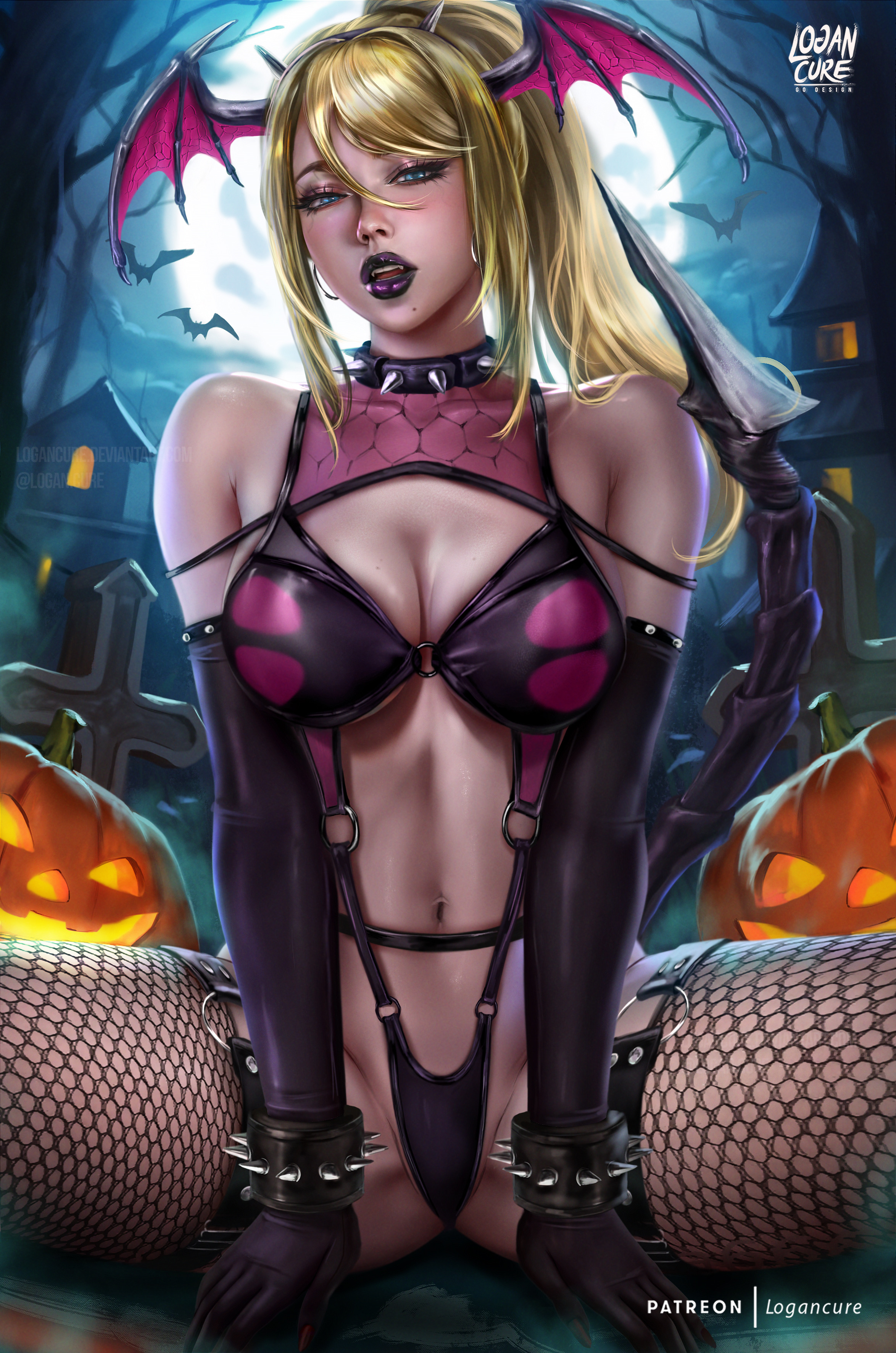 1girls, cleavage, collar, eyeshadow, female, female only, fishnets, halloween, halloween costume, lipstick, logan cure, makeup, metroid, purple lipstick, revealing clothes, samus aran, skimpy clothes, spikes, stockings, thighhighs