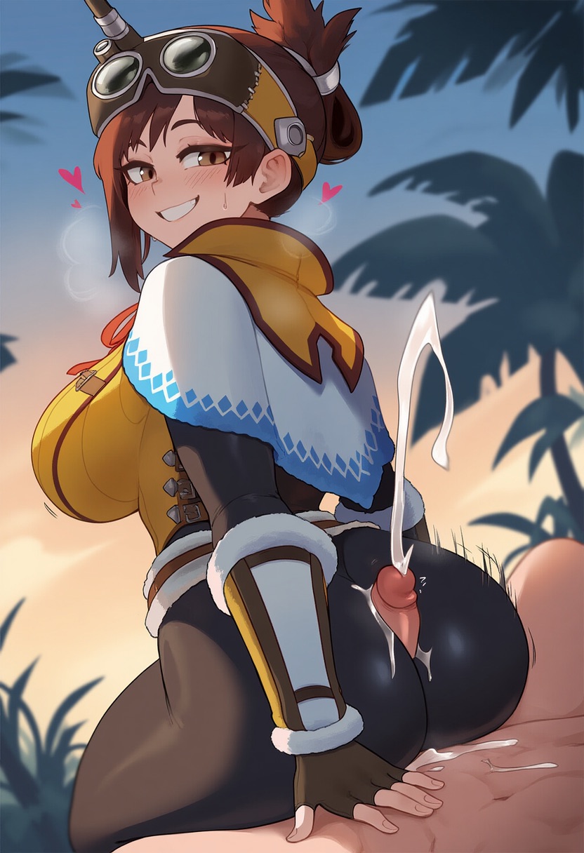 1boy, 1boy1girl, 1girls, 777form777, ai generated, ass, assjob, blush, breasts, brown eyes, brown hair, buttjob, clothed female nude male, covered buttjob, cowgirl position, cum, cum on ass, cumshot, female, handler (monster hunter world), headgear, heart, huge ass, huge breasts, looking at viewer, looking back, male, monster hunter, monster hunter world, motion lines, outdoors, outside, penis, penis between ass, pov, pov crotch, pov eye contact, pov male, simple background, sitting, sitting on lap, smile, sweat