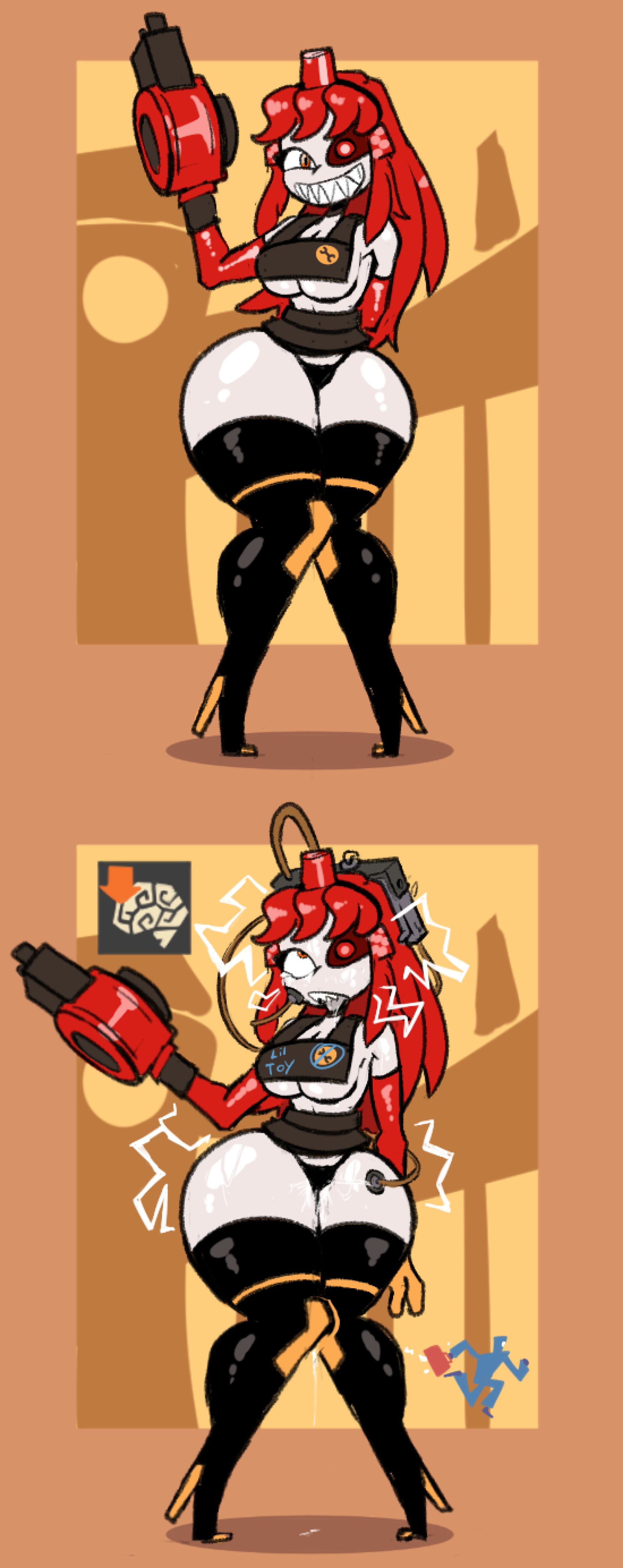 algob4v, armwear, bav, big breasts, brain drain, breasts, electric shock, electricity, heel boots, heels, intelligence loss, iq loss, mimi sentry, panties, red hair, robot, robot girl, robot humanoid, sentry (team fortress 2), sharp teeth, shocked, spy (team fortress 2), tattoo, team fortress 2, tf2, thick, thick ass, thick legs, thick thighs, thighhighs, valve, valve (company)