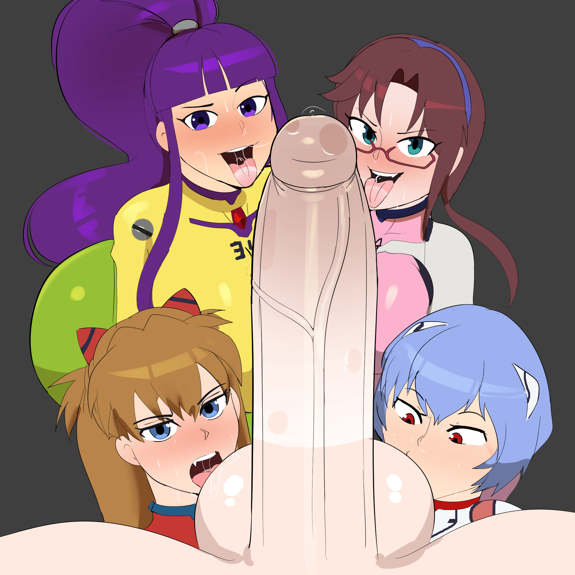 4girls, asuka langley sohryu, blue hair, blush, brown hair, crossover, drool string, drooling, eiken, g3mma, glasses, harem, huge balls, huge cock, kirika misono, licking, licking balls, long hair, mari illustrious makinami, mouth on balls, neon genesis evangelion, plugsuit, plugsuit (evangelion), purple hair, red hair, rei ayanami, saliva, saliva trail, shinji ikari, short hair, sucking balls, sucking testicles, sweat