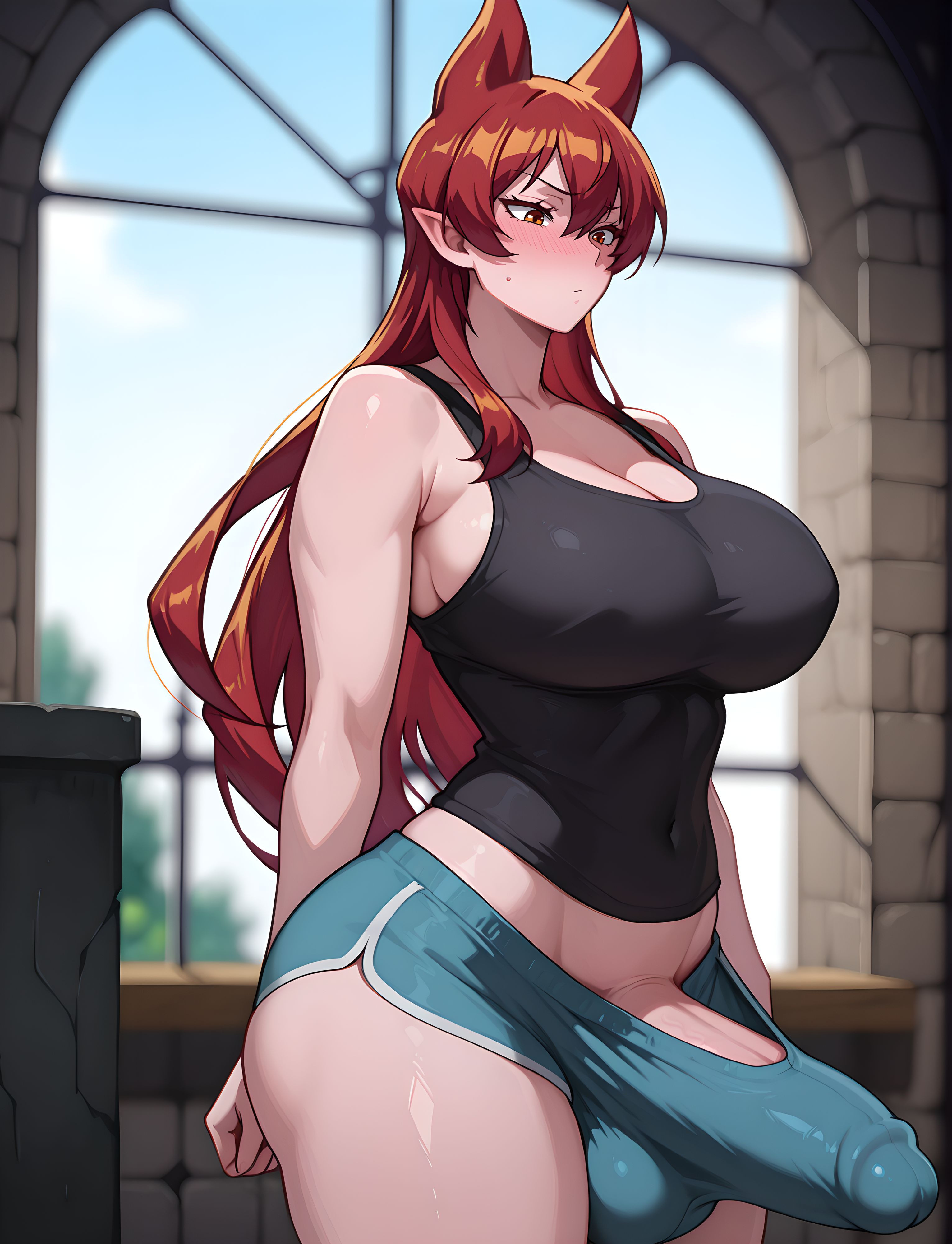 ai generated, azazel ameri, erection under clothing, futanari, grapesss, intersex, light-skinned futa, mairimashita! iruma-kun, solo futa