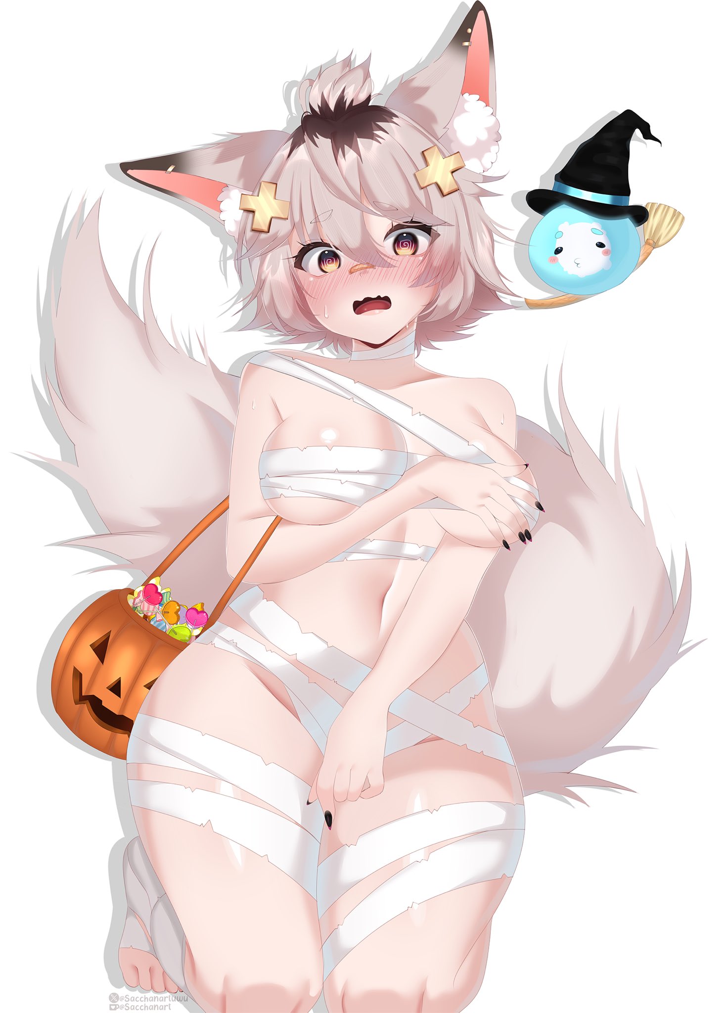 1girls, animal ears, bandage, bandaid, bandaid on nose, blonde hair, breasts, broom, candy, cleavage, female, fox ears, fox girl, ghost, halloween, halloween costume, hips, indie virtual youtuber, legs, medium breasts, midriff, mummy costume, nails, on knees, open mouth, pumpkin, sacchanart, sexy, shirahiko (vtuber), shocked, shocked expression, spirit, sweat, tail, thick, thick thighs, thighs, toes, underboob, virtual youtuber, vtuber, wide hips, wrapped