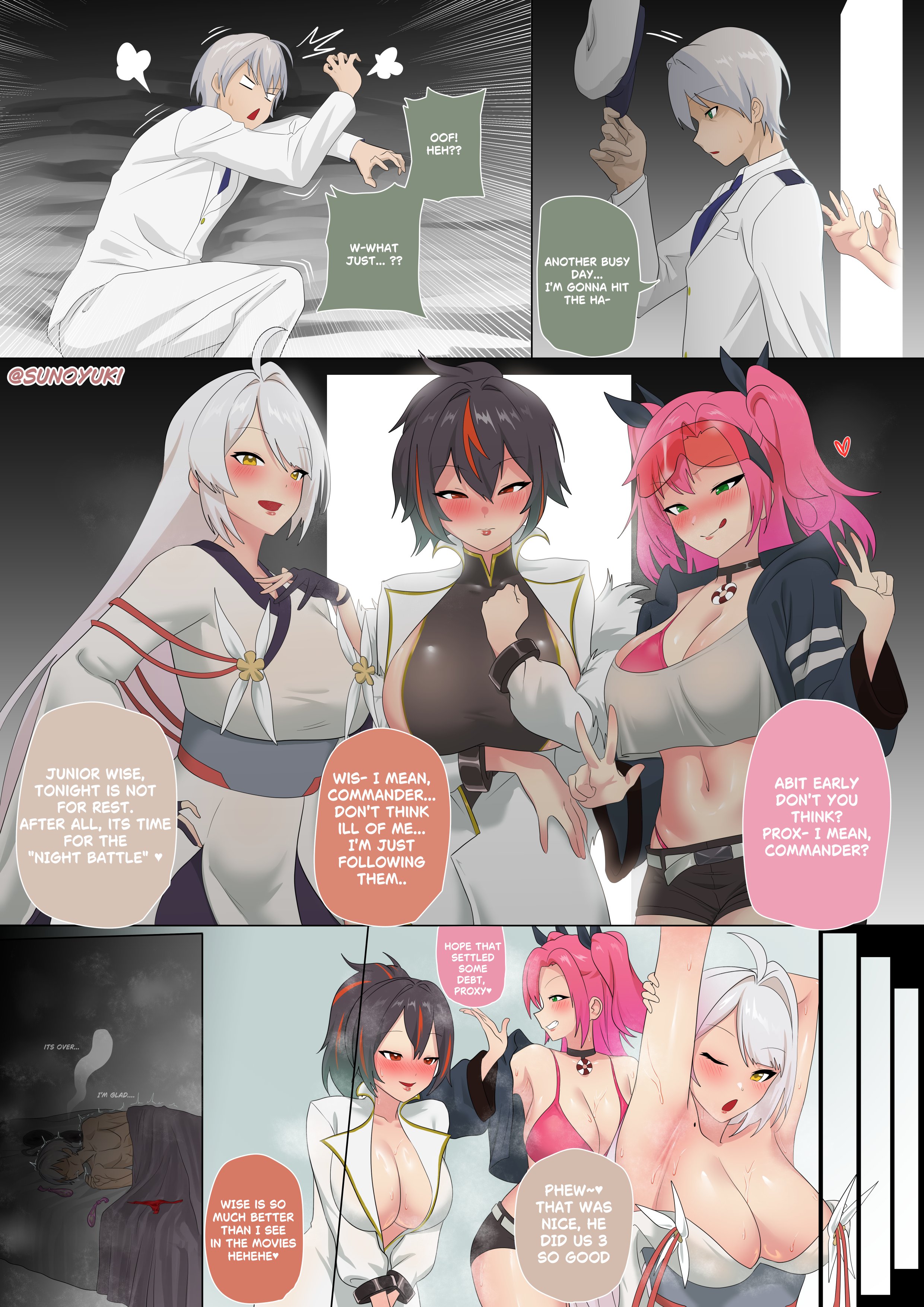 1boy, 2d, 2d (artwork), 3girls, 3girls1boy, 3koma, after sex, azur lane, big breasts, black hair, blush, breasts, clothed, clothed female, clothed male, condom, condoms on bed, dark hair, english text, female, foursome, green eyes, guy tired after sex (meme), light skin, light-skinned male, male, male/female, mihoyo, multicolored hair, nicole demara, pale skin, pale-skinned female, pale-skinned male, pink hair, red eyes, speech bubble, sunoyukey, sunoyuki, white hair, wise (zenless zone zero), yellow eyes, yixuan (zenless zone zero), zenless zone zero, zhu yuan