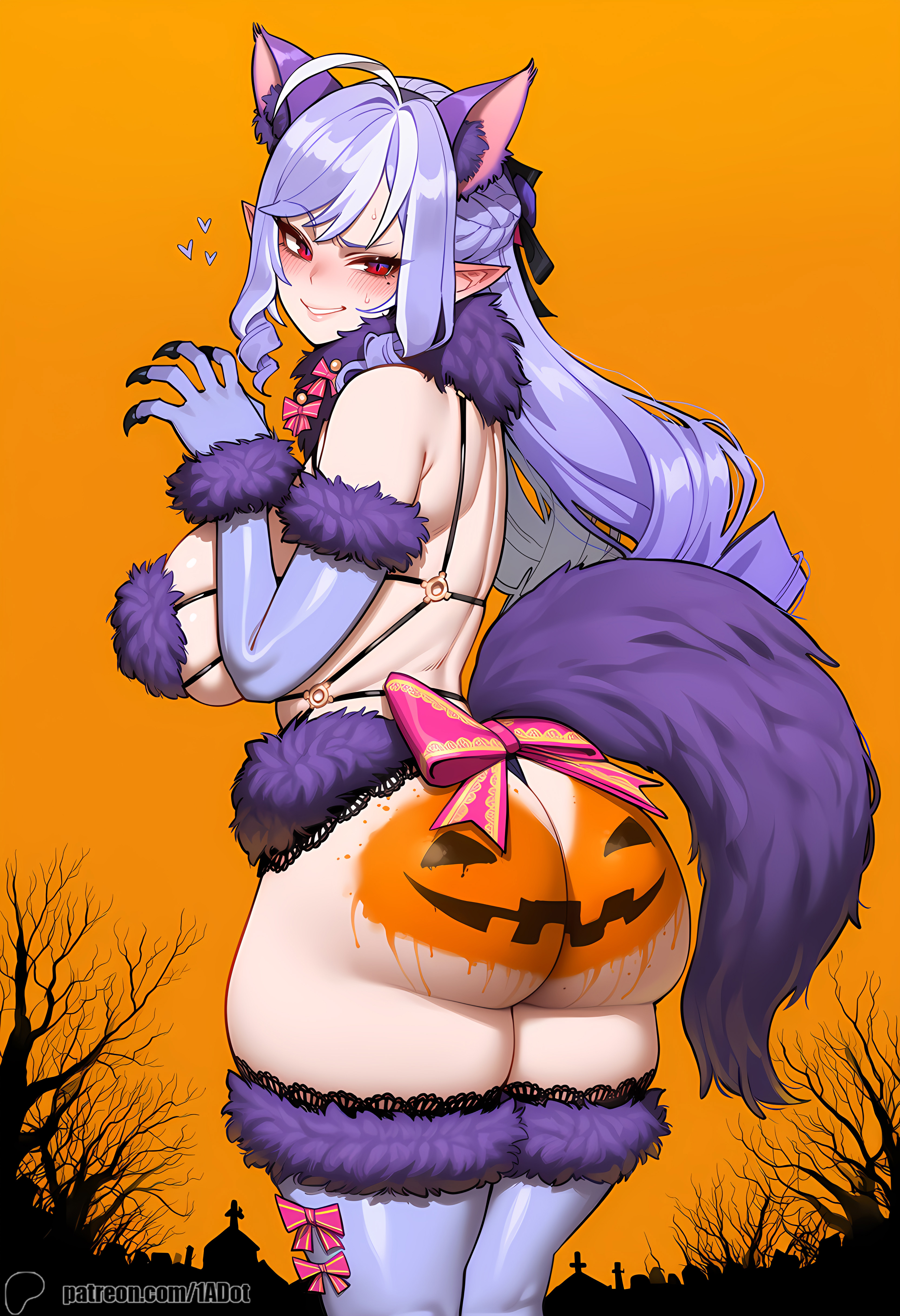 1-a dot, ai generated, ass, ass paint, bikini, blush, breasts, claw pose, dangerous beast, female, female only, forest, fur, halloween, halloween costume, hoyoverse, huge breasts, looking back, orange sky, patreon username, pointy ears, pumpkin, revealing clothes, smile, standing, sweat, thick ass, thick thighs, thighhighs, vivian (zenless zone zero), vivian banshee, woods, zenless zone zero