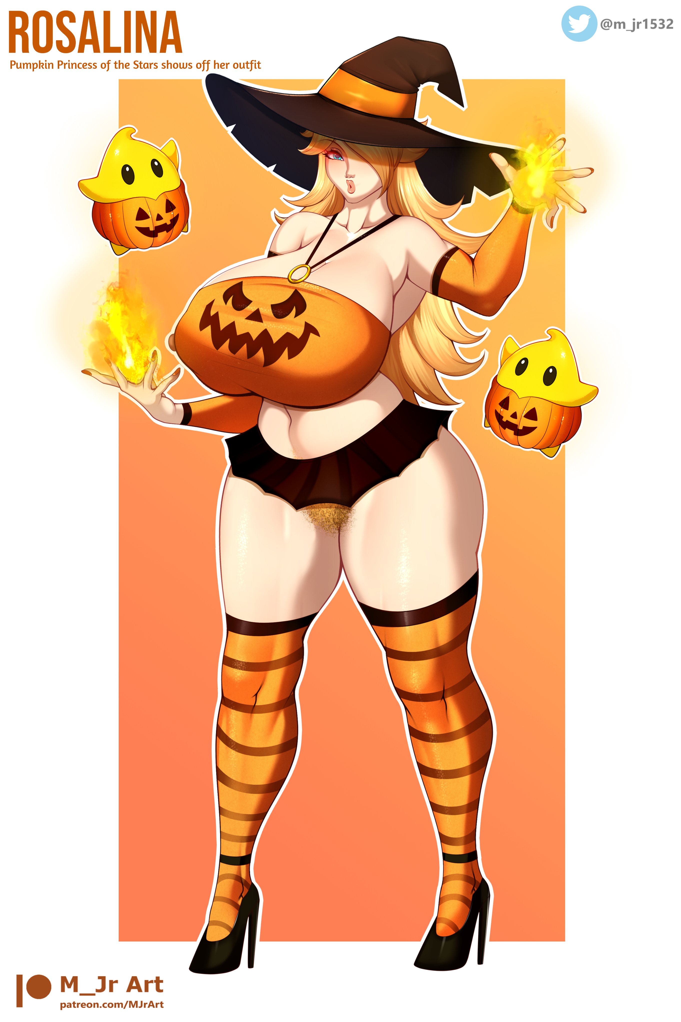 1girls, breasts, cleavage, female, female only, halloween, huge breasts, human, large breasts, m jr art, mario (series), princess rosalina, pubic hair, revealing clothes, skimpy, solo, solo female, witch costume, witch hat
