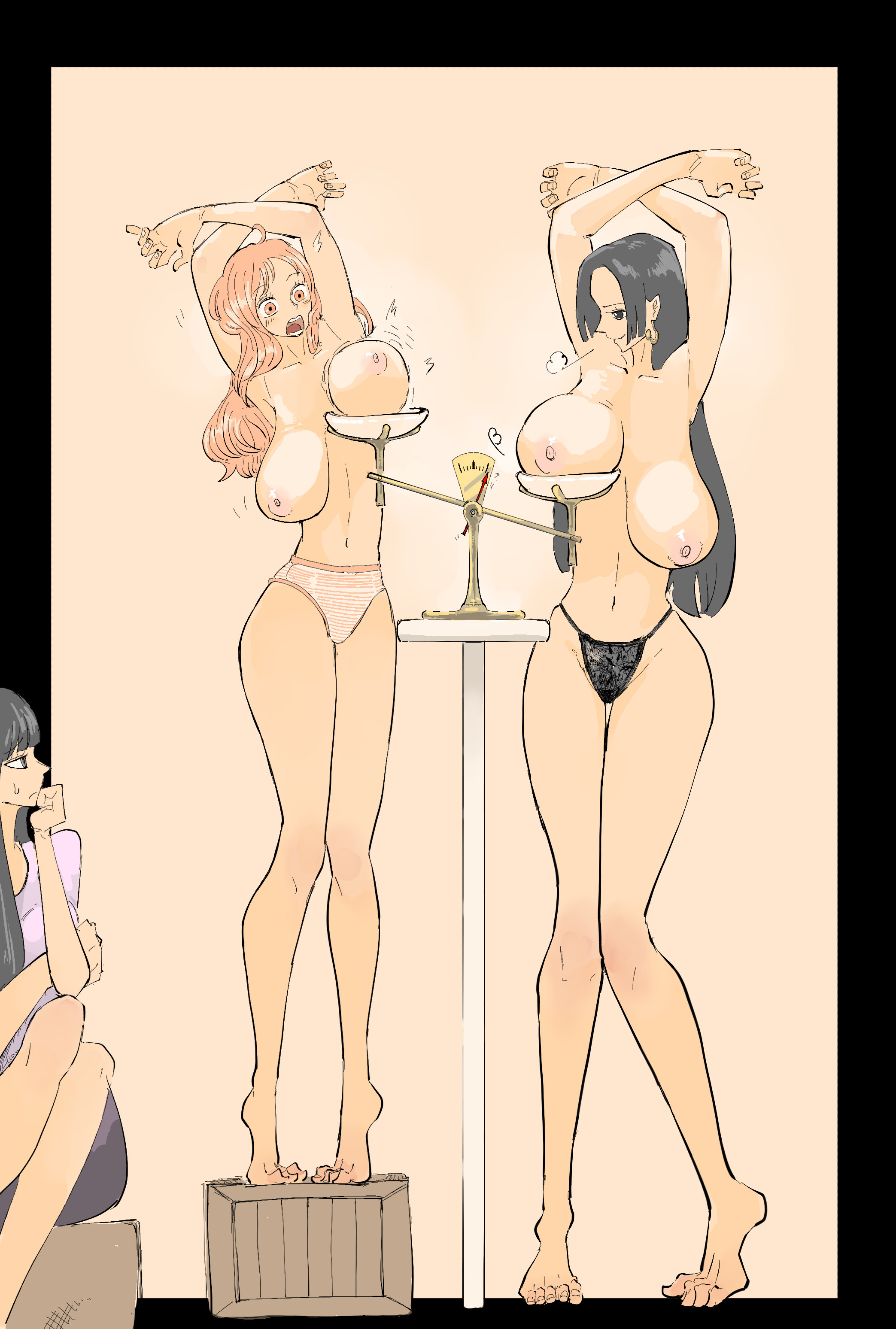 3girls, armpits, arms up, belly, belly button, big breasts, big nipples, black hair, black-haired female, blush, boa hancock, breasts, casual nudity, clothing, earrings, feet, female, female only, heavy breasts, light skin, light-skinned female, long hair, looking at viewer, middlefing1111, nami (one piece), nico robin, nipples, one piece, open mouth, orange hair, orange-haired female, panties, red eyes, toes, weighing breasts