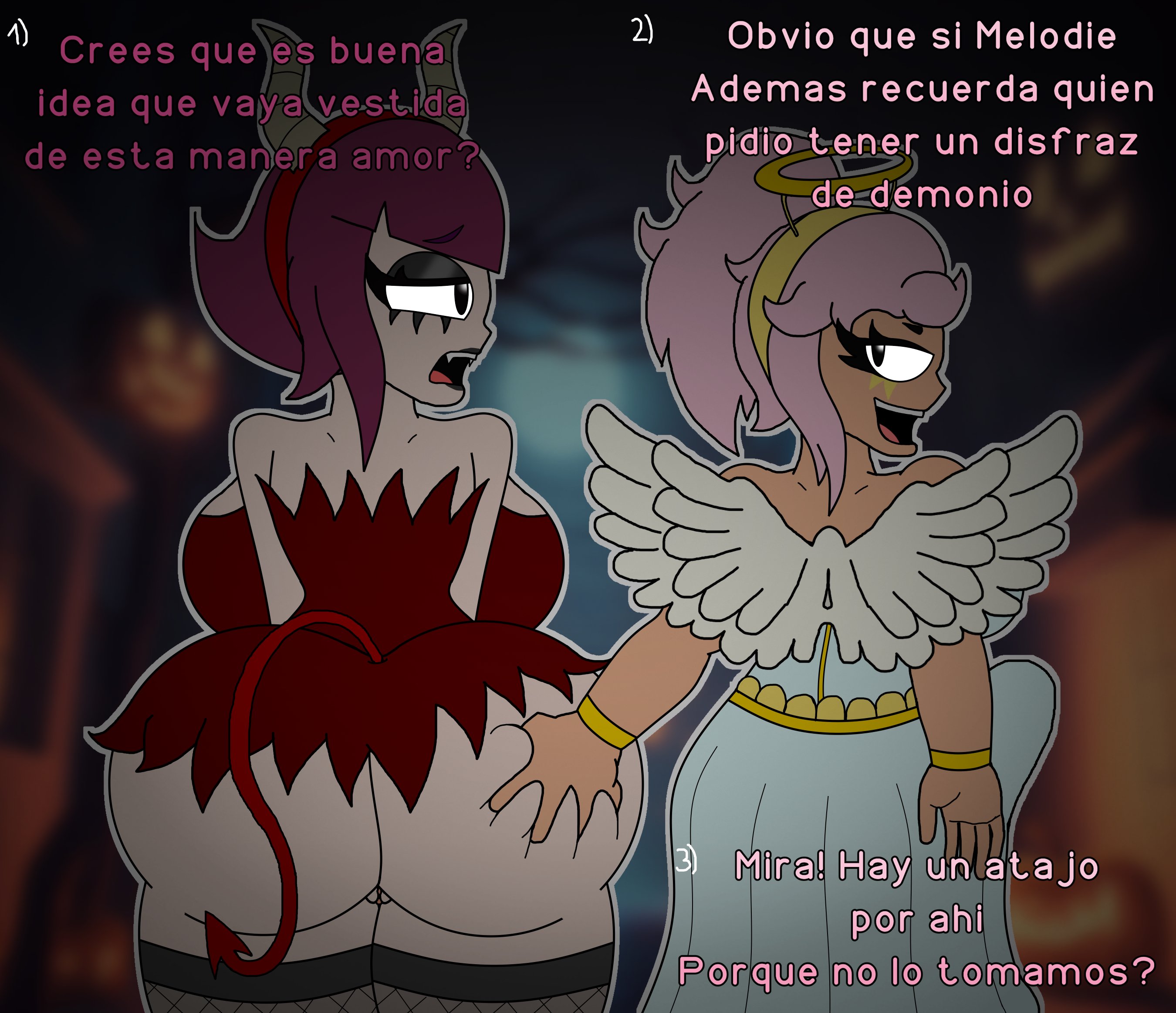 1futa, 1girls, ass, big ass, big breasts, black lipstick, black stockings, brawl stars, breasts, dialogue, female, fishnet legwear, fishnet stockings, fishnets, futa on female, futanari, horn, horns, intersex, intersex/female, janet (brawl stars), light skin, light-skinned female, light-skinned futa, lipstick, melodie (brawl stars), melodie, janets slave (brawl stars), pink hair, pussy, shoes, spanish text, stockings, submission by janet (brawl stars), tail, text, topwear, verdoshonsfw