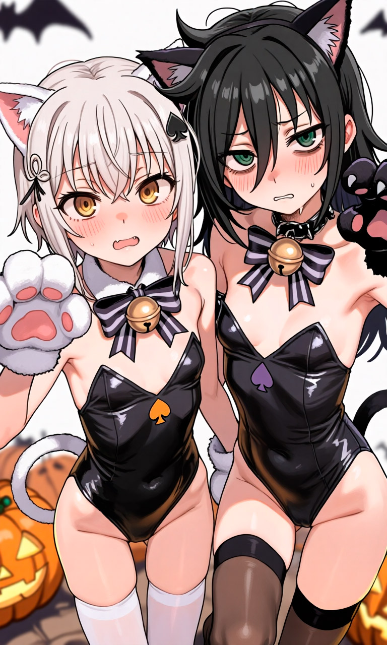 2025, 2girls, ai, ai art, ai generated, ai-created, armpits, bell, bell collar, bikini, bikini bottom, bikini top, black hair, blush, blushing at viewer, blushing female, breasts, cat ears, cat girl, cat tail, catgirl, clothing, collar, collar bell, collared, cute, cute expression, duo, duo focus, fangs, female, female human, female only, green eyes, hair between eyes, hair ornament, halloween, halloween bucket, halloween costume, halloween decoration, halloween pumpkin, halloween theme, high resolution, high school dxd, highres, koneko toujou, kuroki tomoko, legs, neckwear, paw gloves, paw pose, pawpads, paws, pov, pov eye contact, ribbon choker, short hair, shy, skinny, skinny female, small breasts, smaller female, spade, spade (shape), standing, striped, thigh gap, thigh highs, thighhighs, upper body, waist, watashi ga motenai no wa dou kangaetemo omaera ga warui!, white hair, wide hips, widescreen, yellow eyes, young