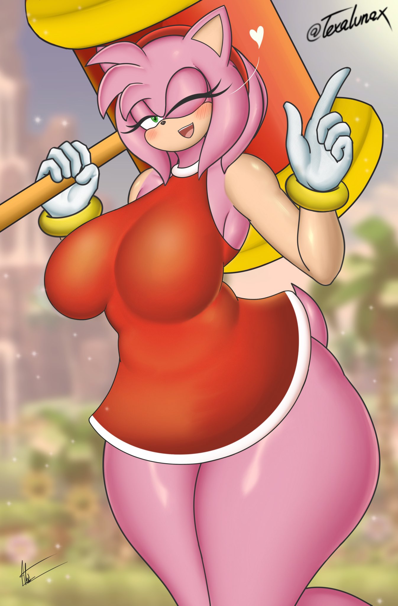 accessory, amy rose, anthro, big breasts, black nose, bracelet, breasts, clothed, clothing, dress, eulipotyphlan, eyelashes, female, front view, fur, gloves, green eyes, hair, hair accessory, hairband, hammer, handwear, head tuft, hedgehog, hi res, holding hammer, holding object, holding tool, holding weapon, huge breasts, jewelry, looking at viewer, mammal, nsfwtalex, one eye closed, open mouth, open smile, pink body, pink fur, pink hair, red clothing, red dress, sega, short hair, smile, solo, sonic (series), sonic the hedgehog (series), tan body, tan fur, telaxart, texalunax, thick thighs, tools, tuft, weapon, white clothing, white gloves, white handwear, wide hips, wink, winking at viewer
