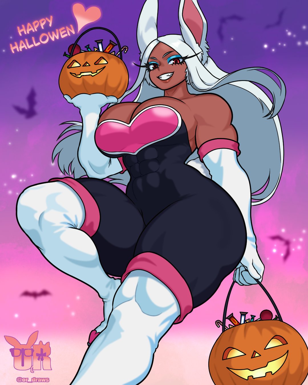 abs, big breasts, breasts, bunny ears, bunny girl, candy, cleavage, clevage, clothing, cosplay, costume, curvaceous, curvy, curvy female, curvy figure, dark skin, dark-skinned female, eyeshadow, female, halloween, long eyelashes, makeup, miruko, muscle mommy, muscles, muscular, muscular arms, muscular female, muscular thighs, my hero academia, or draws, red eyes, rouge the bat (cosplay), rumi usagiyama, skin tight, skinny waist, solo, tagme, thick thighs, thunder thighs, white hair