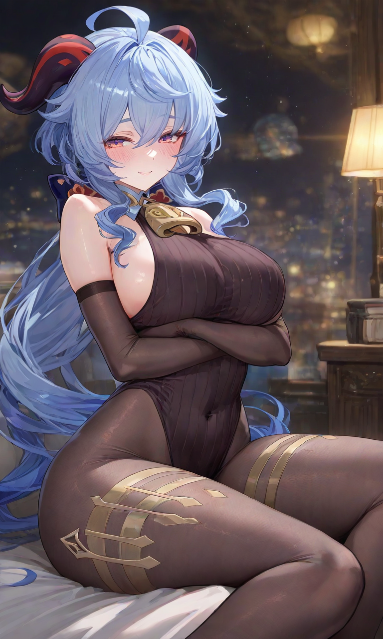 ai generated, blush, breasts, cowbell collar, crossed arms, elbow gloves, eyes half open, female, ganyu (genshin impact), genshin impact, goat horns, large breasts, leotard, perky breasts, ribbed sweater, sfw, sideboob, sleeveless sweater, slombert, sweater, sweater leotard, tights
