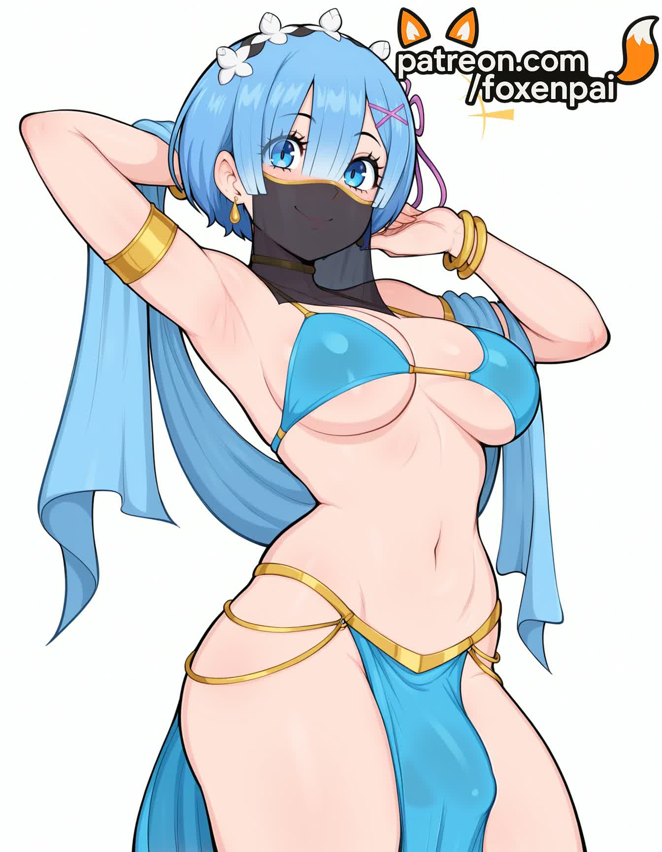 1futa, 2025, ai generated, armlet, armpits, artist name, blue bikini, blue eyes, blue hair, bracelet, breasts, bust, chest, earrings, foxenpai, futanari, hair ornament, hi res, high quality, high resolution, highres, jewelry, long hair, navel, patreon, patreon username, re:zero kara hajimeru isekai seikatsu, rem (re:zero), smile, solo, stable diffusion, watermark, x hair ornament