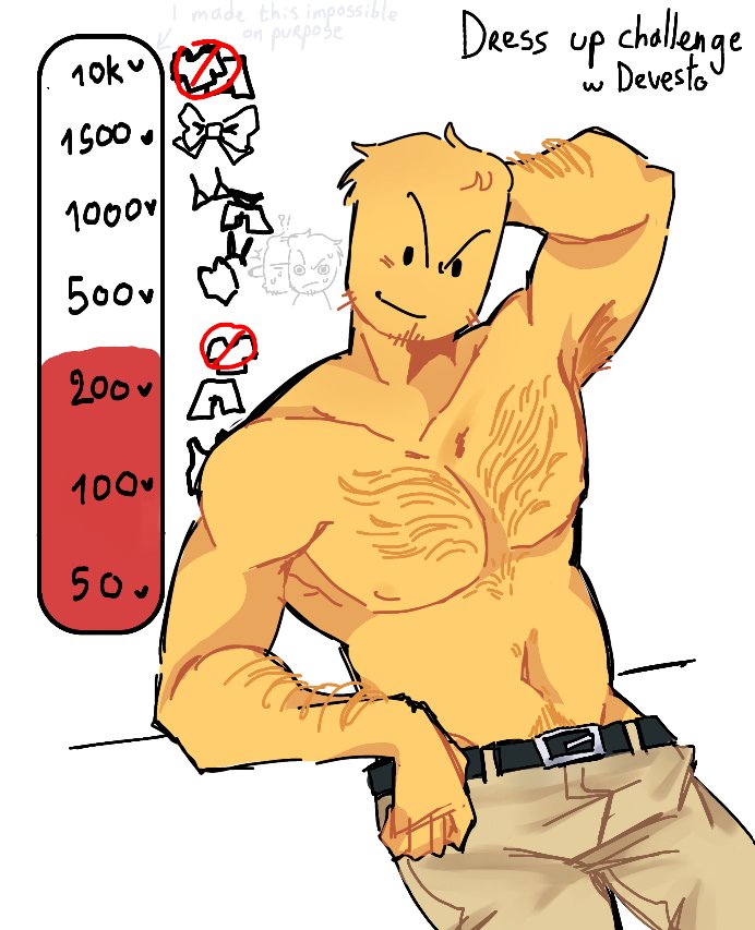 bara, belt, devesto, die of death (roblox), hairy armpit, hairy chest, hand on head, only male, roblox, roblox game, robloxian, shirtless, smiling at viewer, solo male, strip game, tagme, tagme (artist), yellow pants, yellow skin