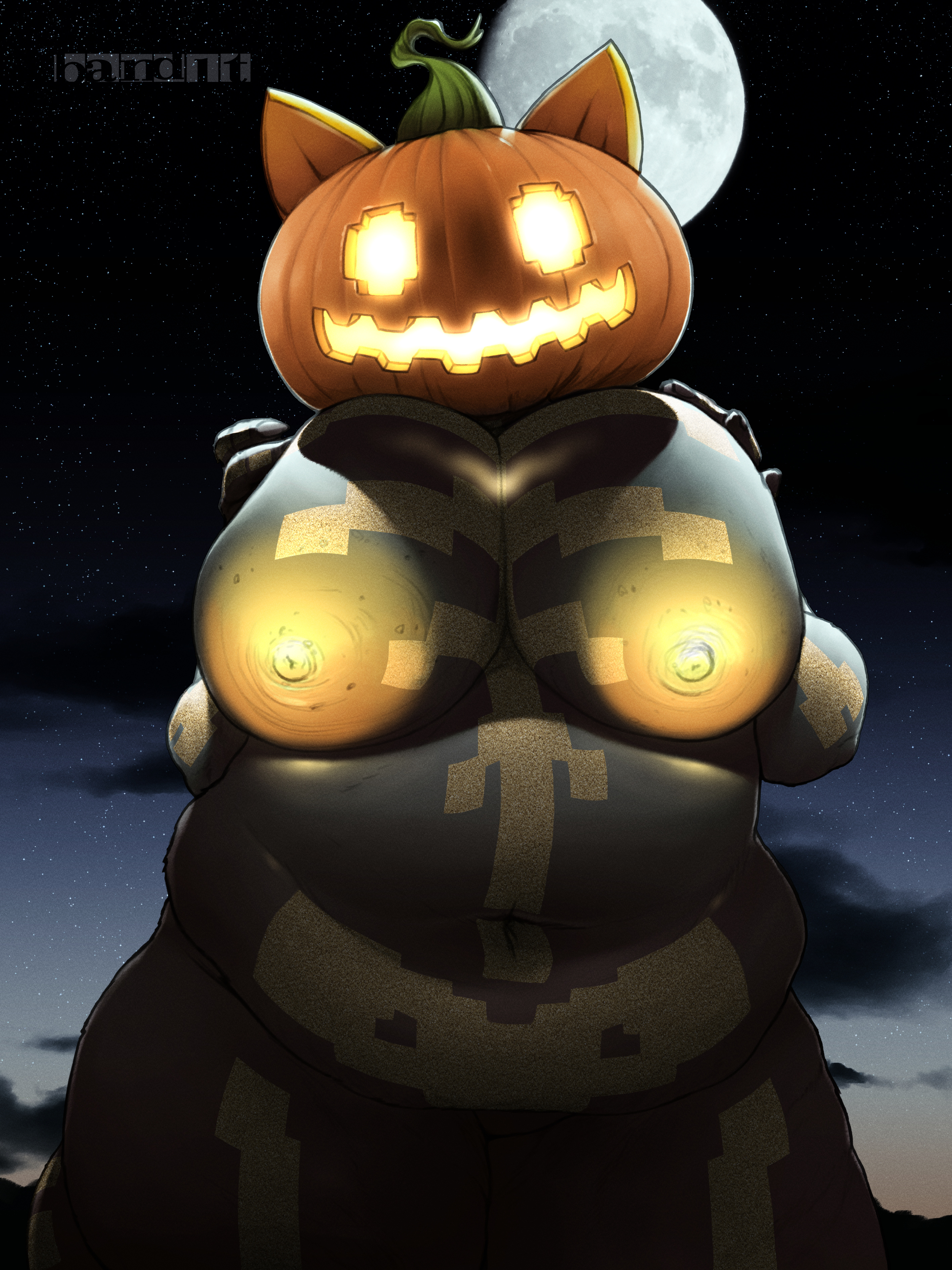 absurd res, anthro, areola, band1tnsfw, belly, big areola, big belly, big breasts, big nipples, black body, breast squish, breasts, cloud, digital drawing (artwork), digital media (artwork), epic games, female, female anthro, food, for a head, fortnite, fruit, glowing, glowing areola, glowing eyes, glowing mouth, glowing nipples, golden markings, hi res, huge areola, huge breasts, jack-o'-lantern, montgomery glands, moon, night, nipples, object head, orange head, outside, overweight, overweight anthro, overweight female, plant, portrait, pumpkin, pumpkin head, sky, solo, spice (fortnite), squish, thick thighs, wide hipped anthro, wide hipped female