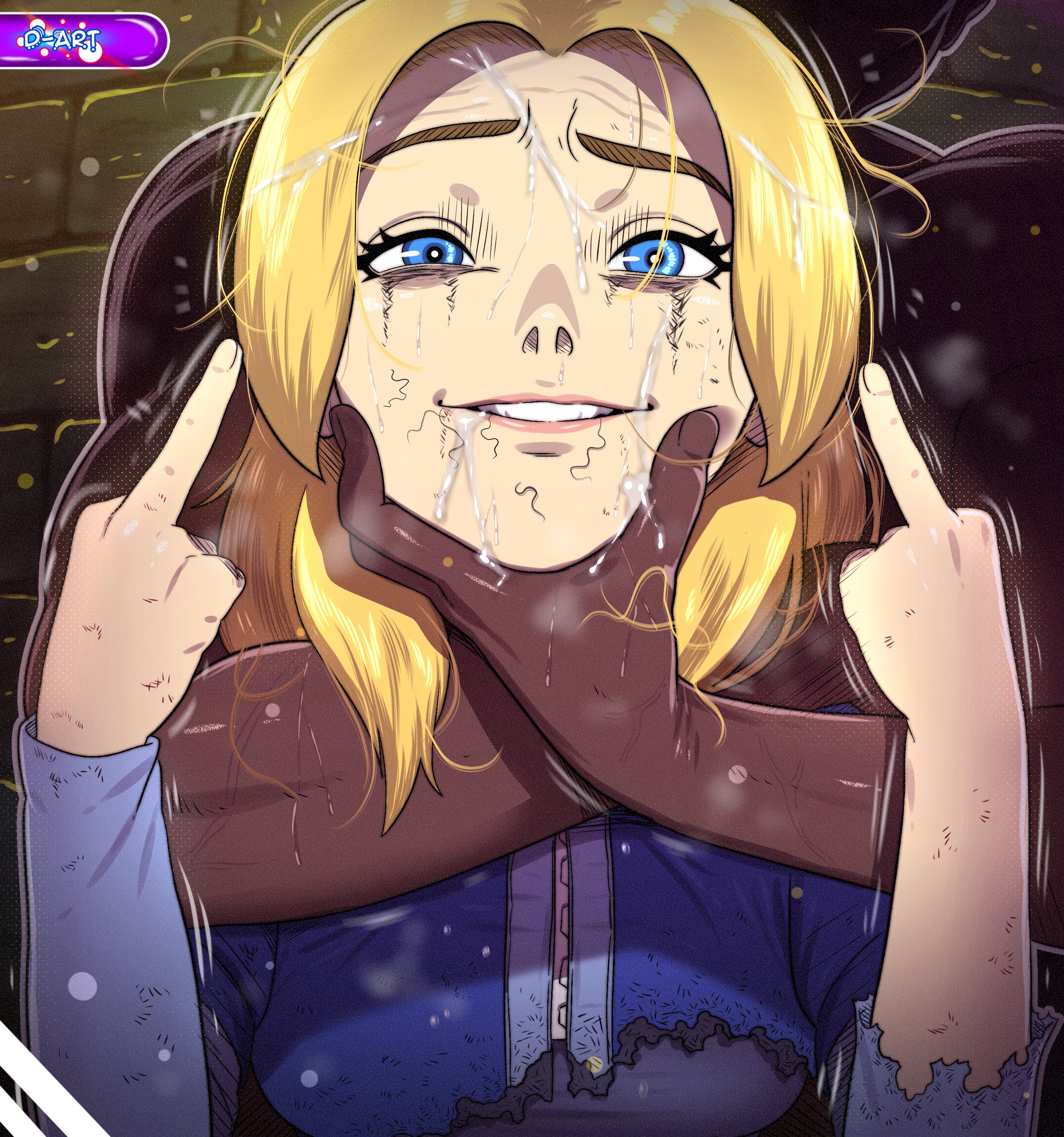 1girls, 2d, 2d (artwork), after fellatio, after oral, after rape, alternate version available, blonde female, blonde hair, blonde hair female, blonde-haired female, blue eyes, burned clothing, camera, camera pov, camera view, captured, choke hold, clothed, clothing, crying, cum on face, d-art, dark-skinned male, fake smile, female, flipping off, forced, forced smile, helpless, helpless female, looking at camera, looking at viewer, male, maria robotnik, middle finger, pleading, pleading for help, pleading with her eyes, running mascara, runny makeup, smile, sonic (series), sonic the hedgehog (series), stray pubic hair, text, textless, textless version