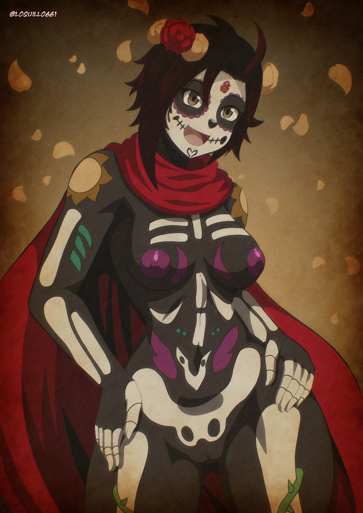body paint, calavera, dia de los muertos, female, female only, loquillo, naked, naked female, nipples, nude, nude female, pussy, ruby rose, rwby, skeleton