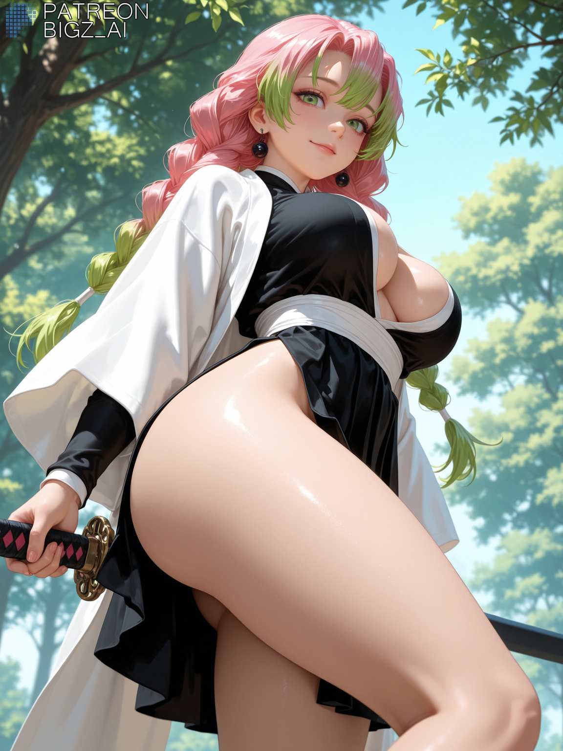 1girls, absurd res, ai generated, artist name, ass, big ass, big breasts, bigz ai, breasts, curvy, curvy figure, demon slayer, female, female only, highres, kanroji mitsuri, kimono, large ass, large breasts, light skin, light-skinned female, looking at viewer, mitsuri kanroji, multicolored hair, no panties, outdoors, pink hair, smile, solo, sword, teasing, thick thighs, thighs, wide hips