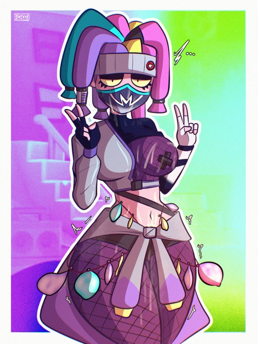 big breasts, brawl stars, breasts, colorful hair, emz (brawl stars), female, peace sign, streetwear, streetwear emz (brawl stars), techwear emz (brawl stars), thick thighs, thumbs down, znixye