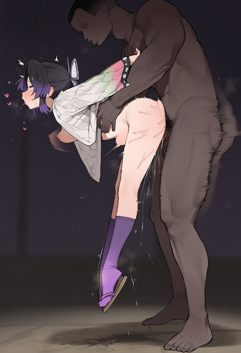 1girl, 1girls, ahe gao, ahegao, belly bulge, belly expansion, big penis, black male, blush, carrying partner, carrying person, carrying sex, dark skin, dark-skinned male, demon slayer, female, female focus, hard sex, heavy breathing, kochou shinobu, penis, socks, stasis bbc, steamy breath, swaying breasts