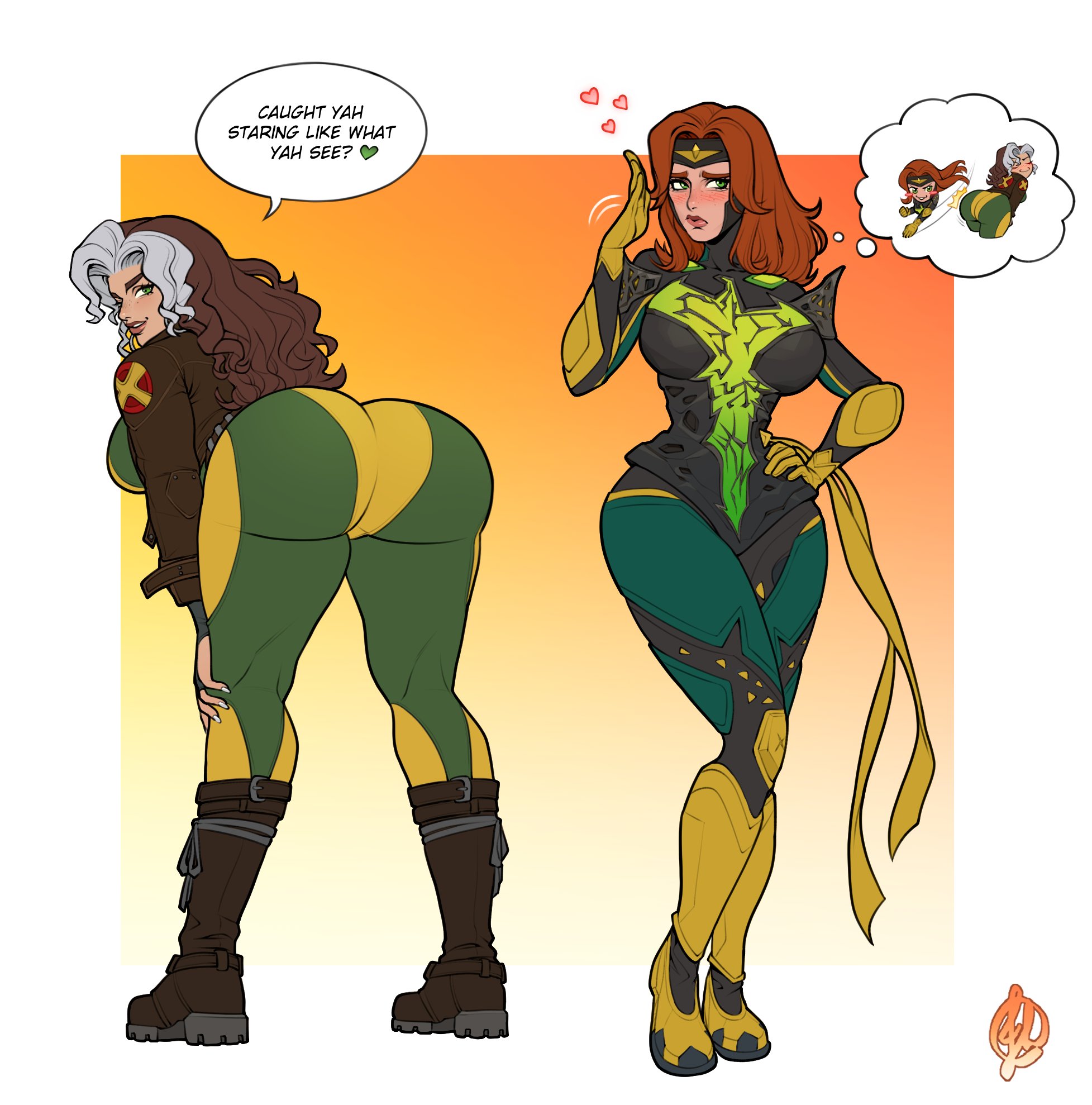 2d, 2girls, anna marie, artista leal, ass, big ass, big breasts, big butt, breasts, brown hair, caked up, cheesecake, clothed, curvaceous, curvy, curvy figure, digital media (artwork), female, female only, fully clothed, green eyes, grey hair, hips, homo superior, hourglass figure, huge ass, huge breasts, implied yuri, jean grey, large ass, large breasts, legs, light skin, light-skinned female, long hair, marvel, marvel rivals, mature, mature female, multicolored hair, multiple girls, mutant (marvel), phoenix (marvel rivals), phoenix (x-men), rogue (marvel rivals), rogue (x-men), round ass, slim waist, thick, thick hips, thick legs, thick thighs, thighs, thought bubble, voluptuous, waist, wide hips, x-men
