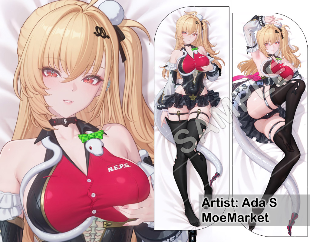 ai generated, barefoot, black thighhighs, blonde hair, cissia (zenless zone zero), colored nails, dakimakura, dakimakura (medium), dakimakura design, long nails, looking at viewer, painted nails, pink nails, red eyes, snake girl, snake tail, zenless zone zero